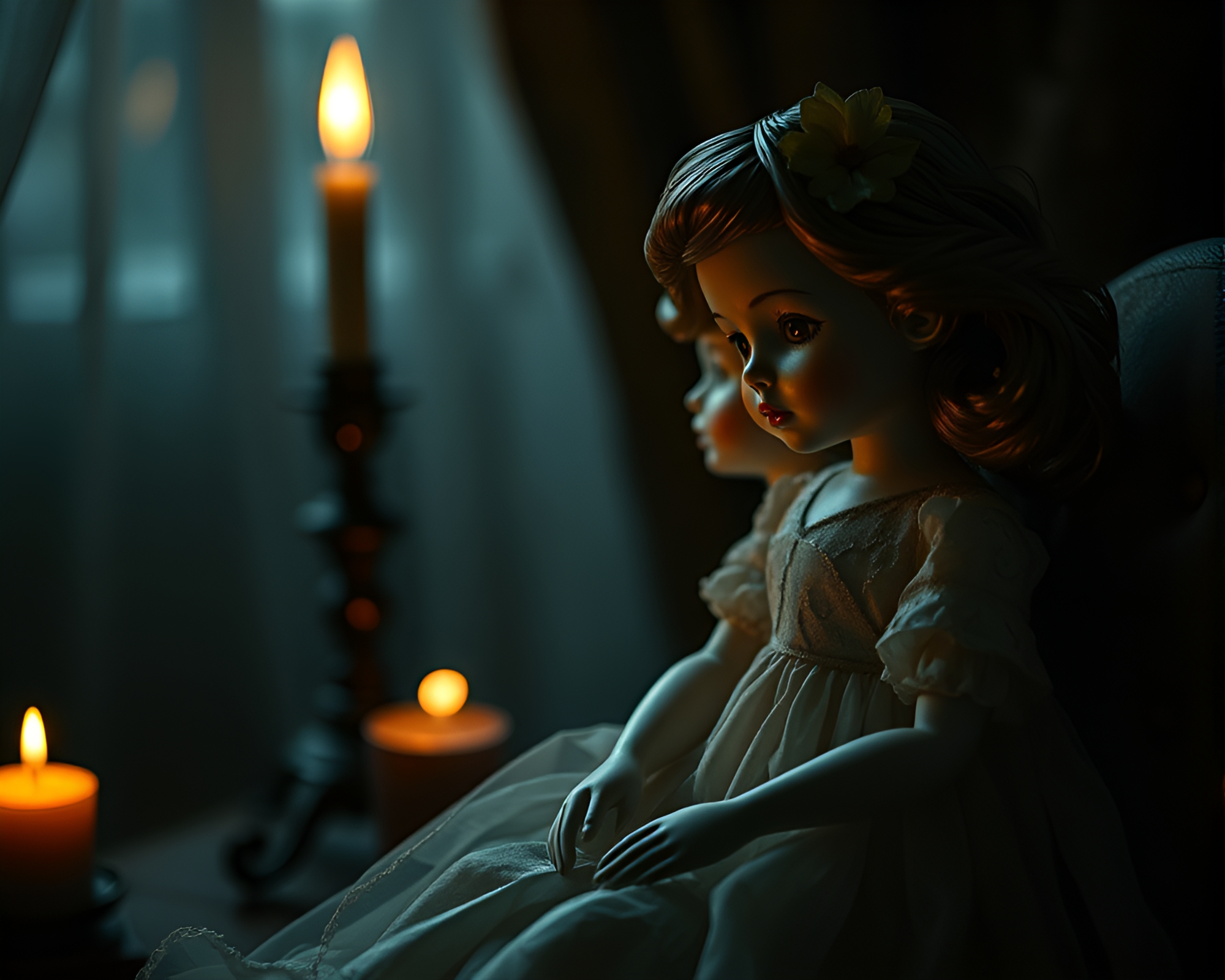 Ethereal Porcelain Doll Amidst Candlelit Leafs – free AI stock image