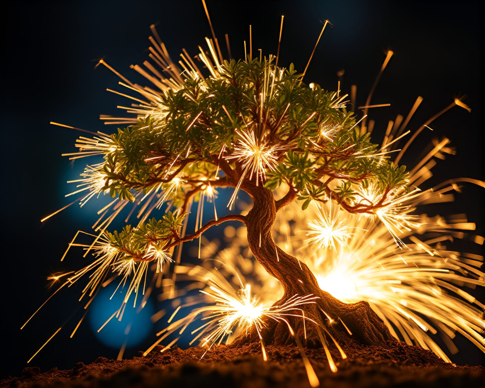 Soft focus image of intricate bonsai tree with swirling sparkler trails