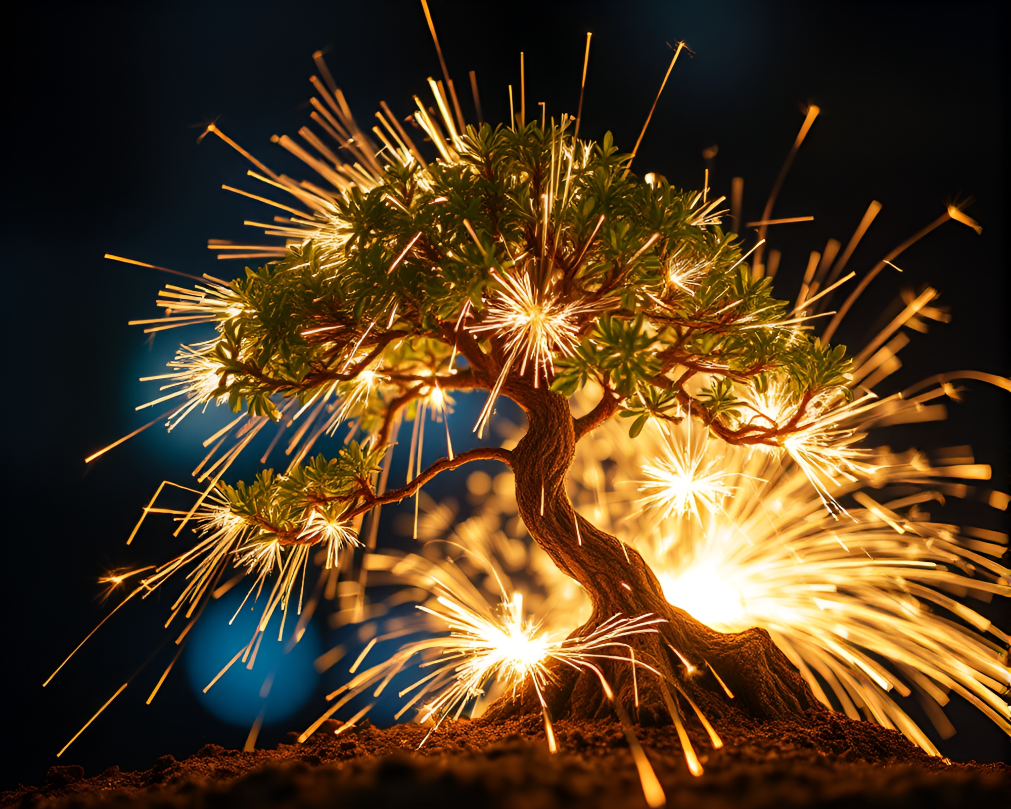 Kaleidoscopic Bonsai Tree Sparkler Trail Symphony – free AI stock image