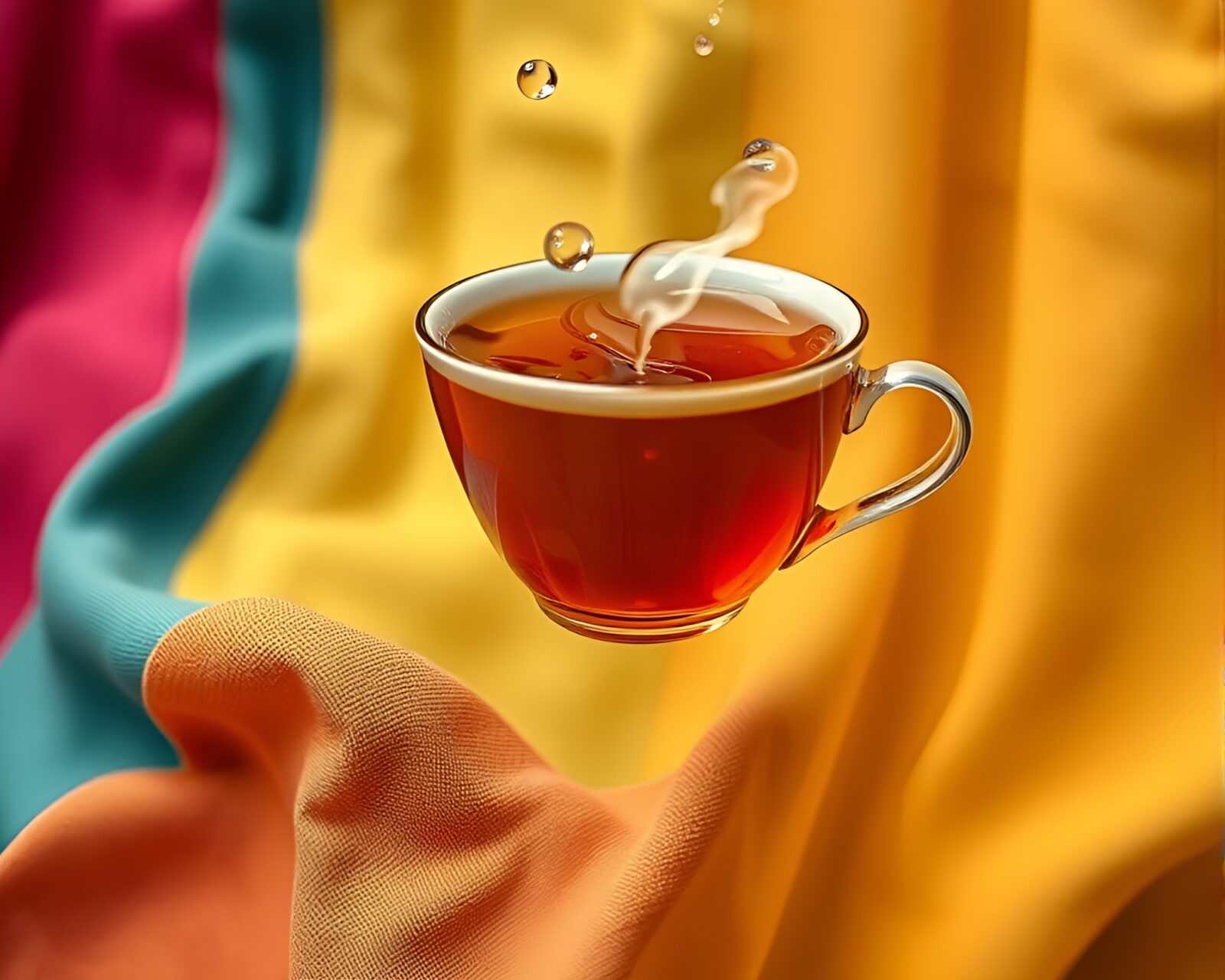 A surreal urban scene with a floating tea cup