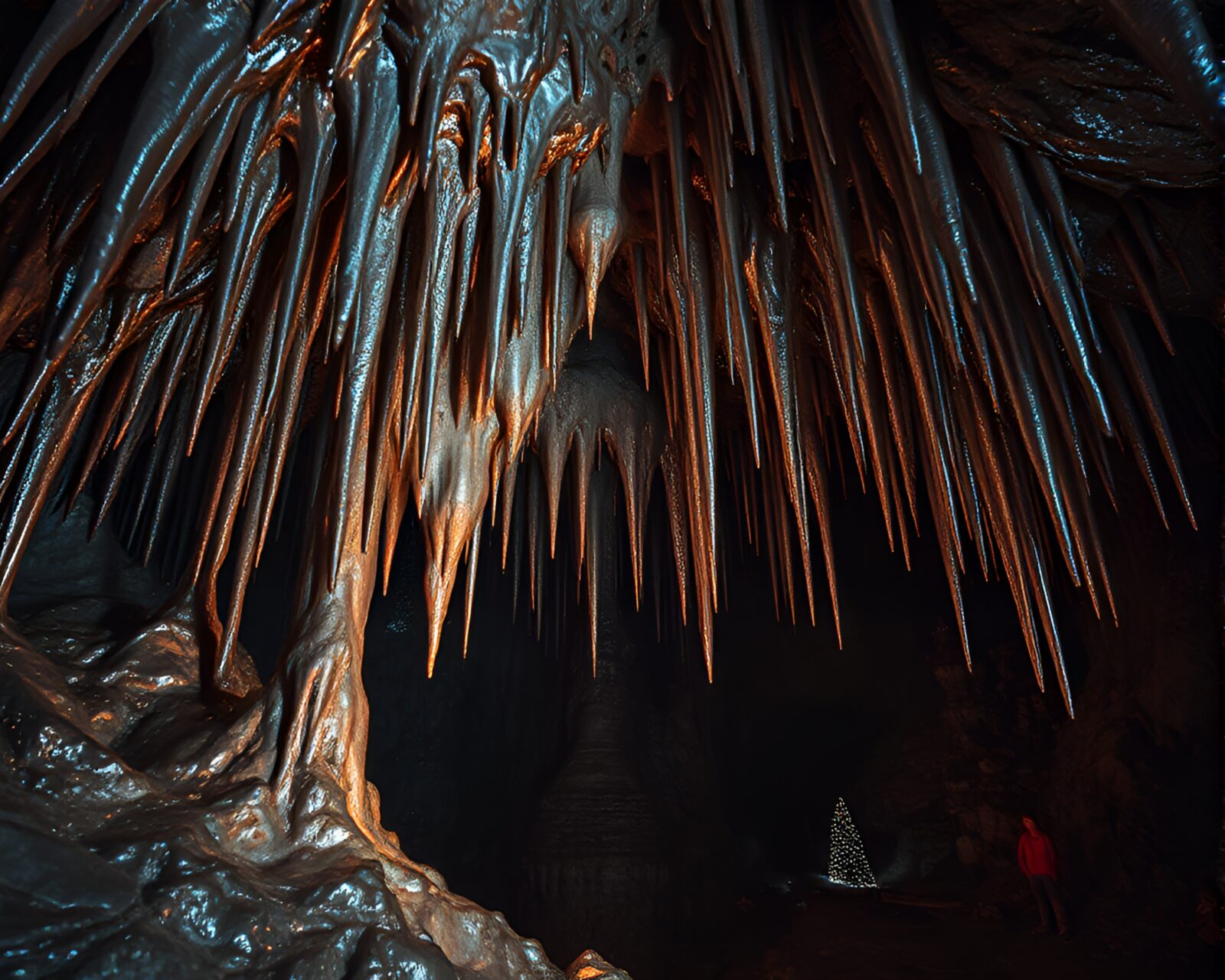 Glowing metallic stalactites surround a surreal figure in a cave