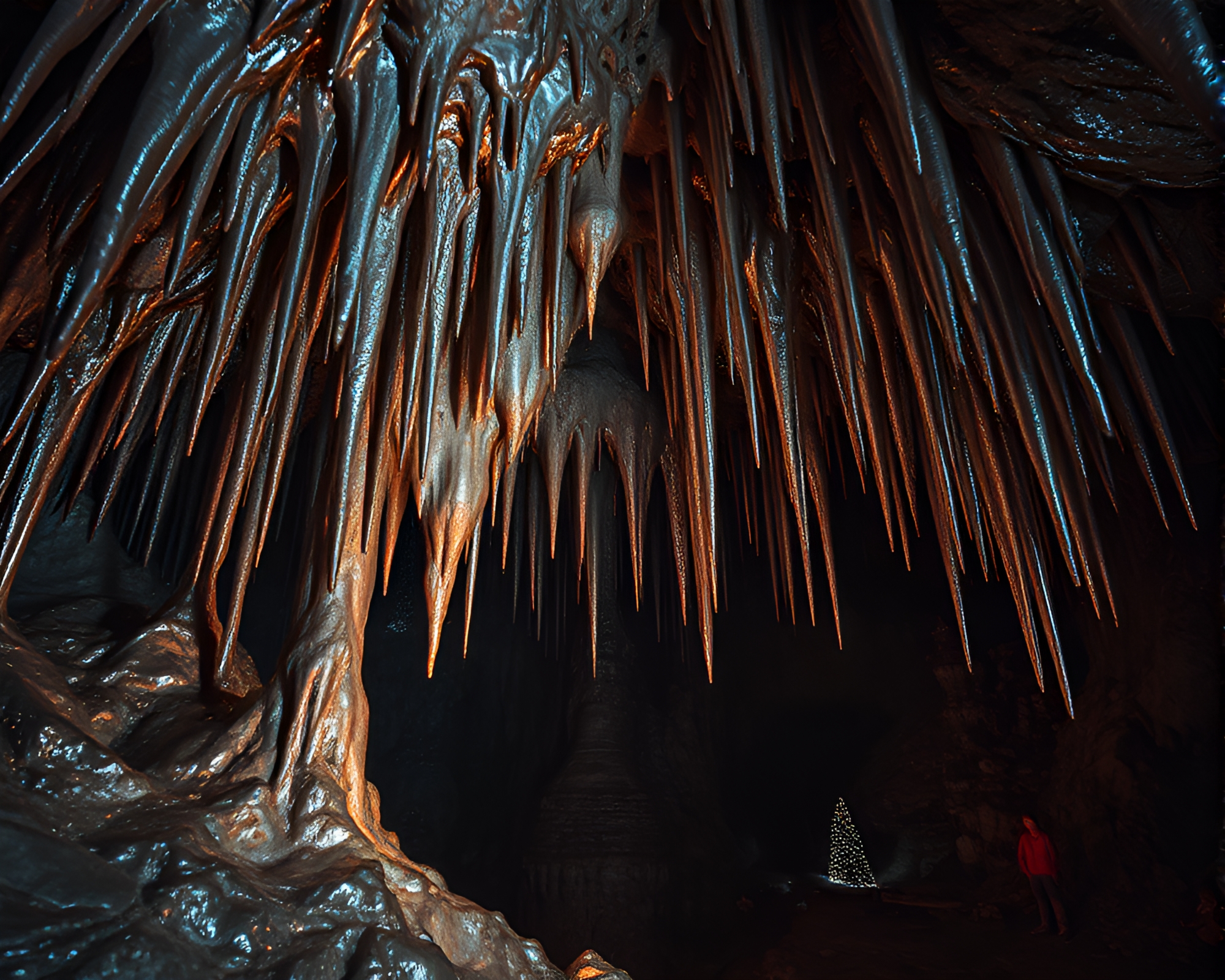Surreal Stalactite Encounter in Metallic Cave – free AI stock image