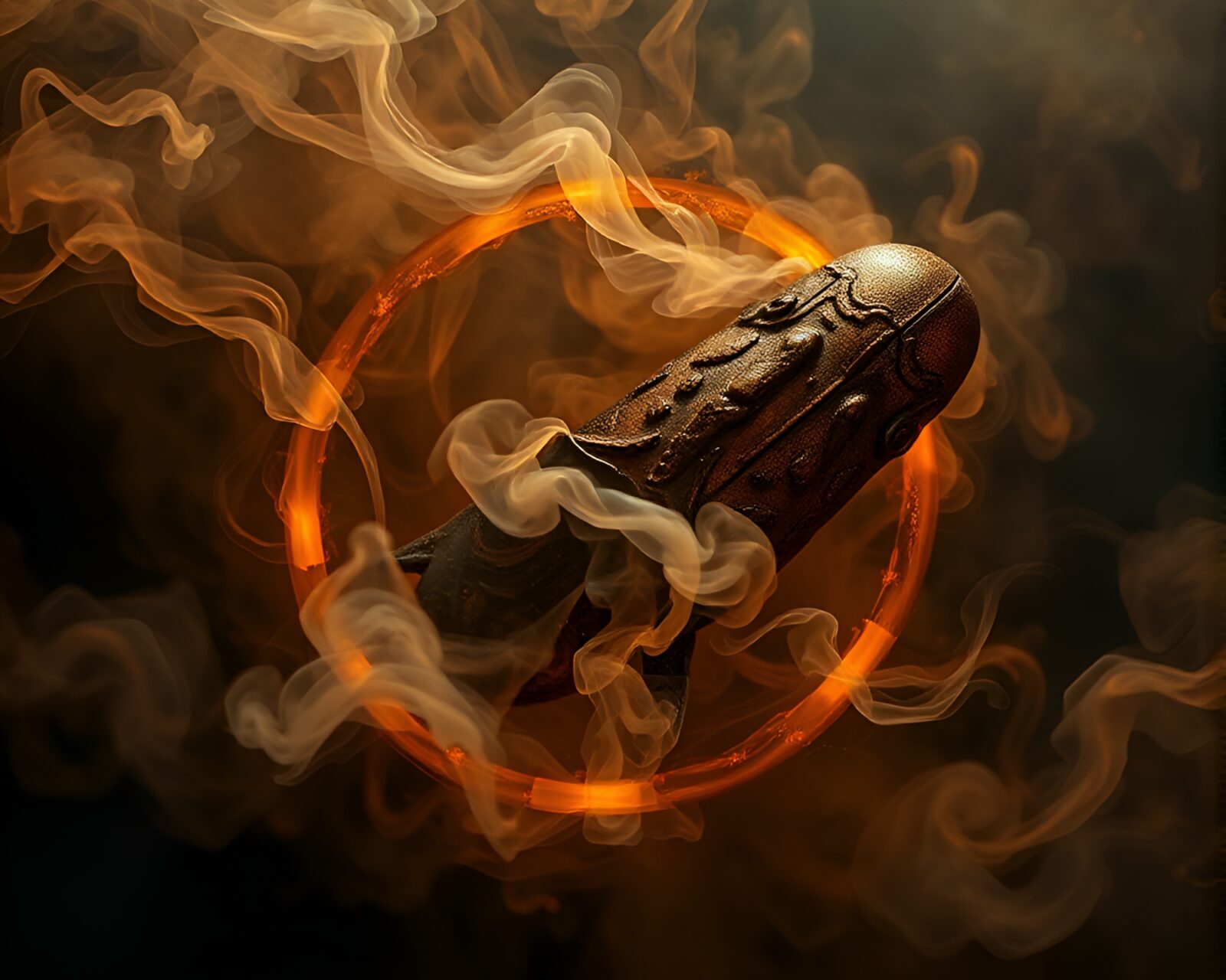 An intricate bronze Leviathan emerging through swirling smoke rings