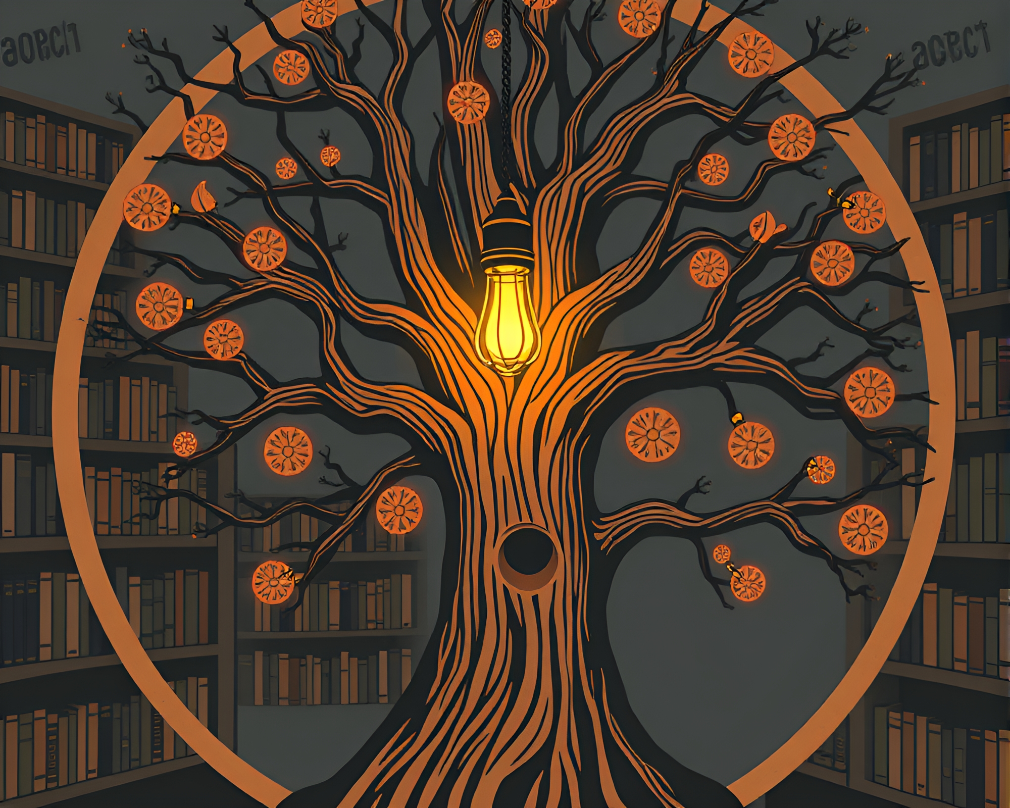 Cyberpunk Charcuterie: Tree Ring Library Illumination – free AI stock image