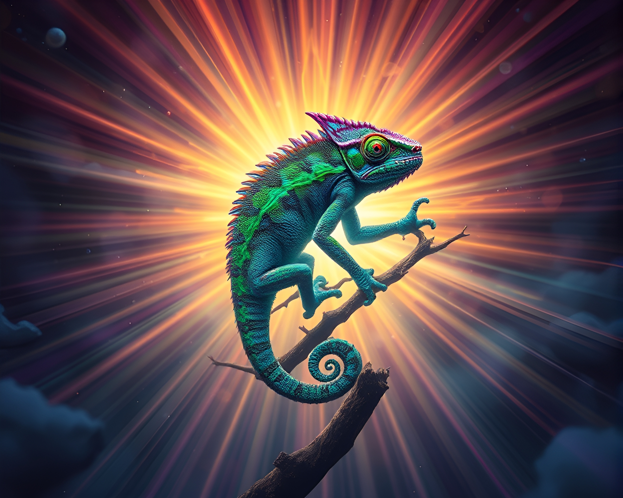 Chameleon bursting through swirling vortex under divine light – free AI stock image