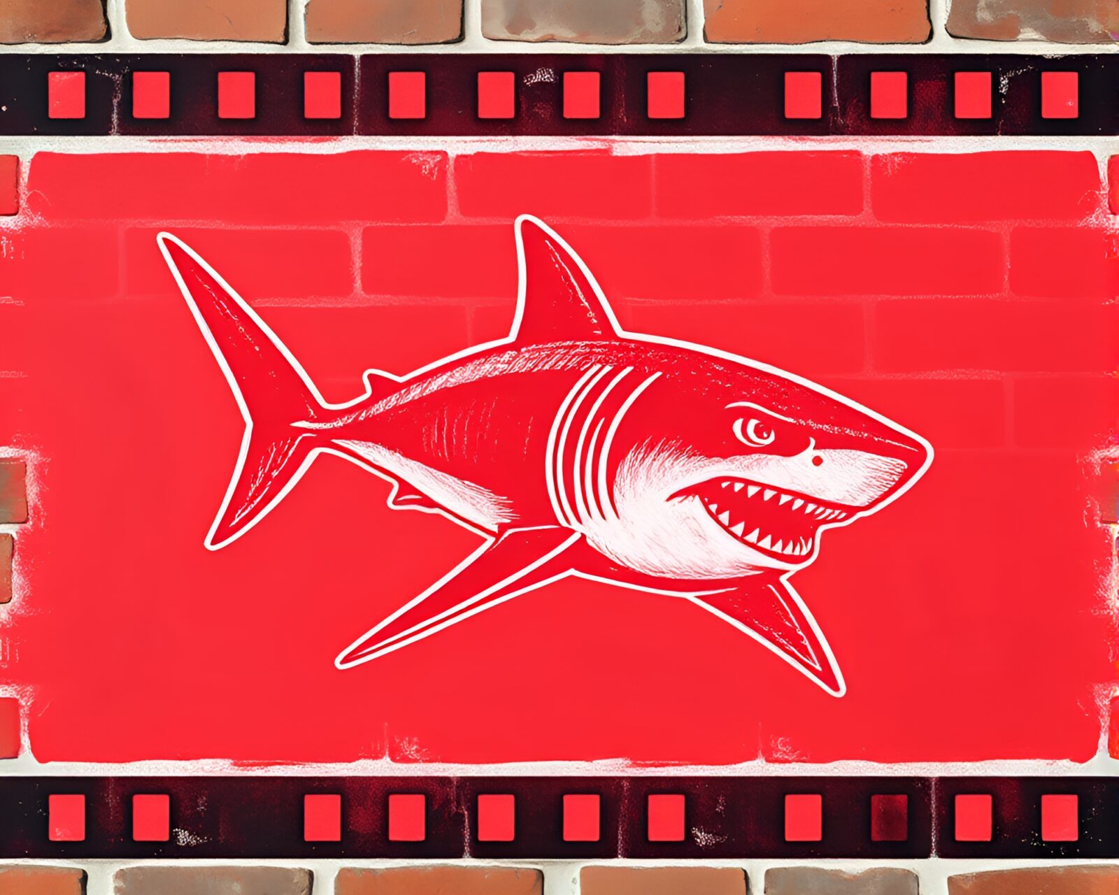 Brick red depth art with shark chalk drawings