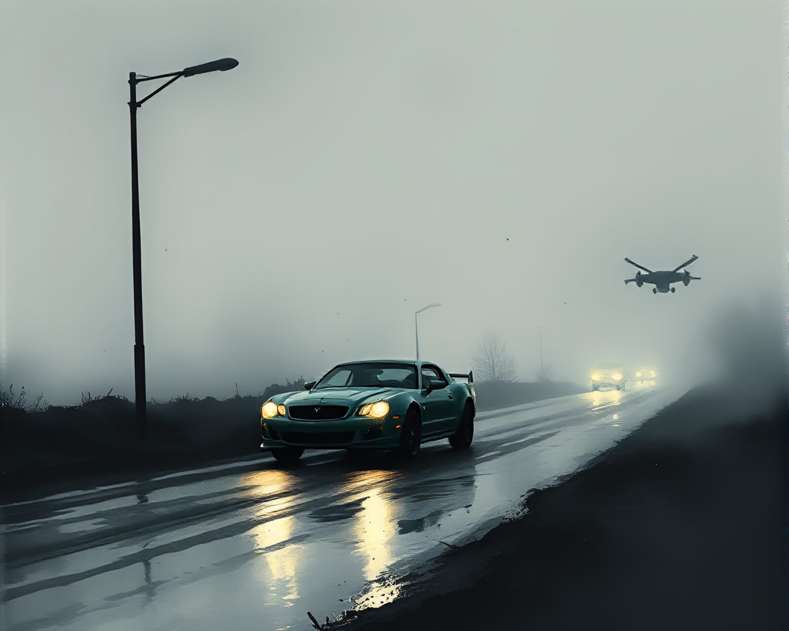 Ethereal egg tempera hover car on desaturated ink background