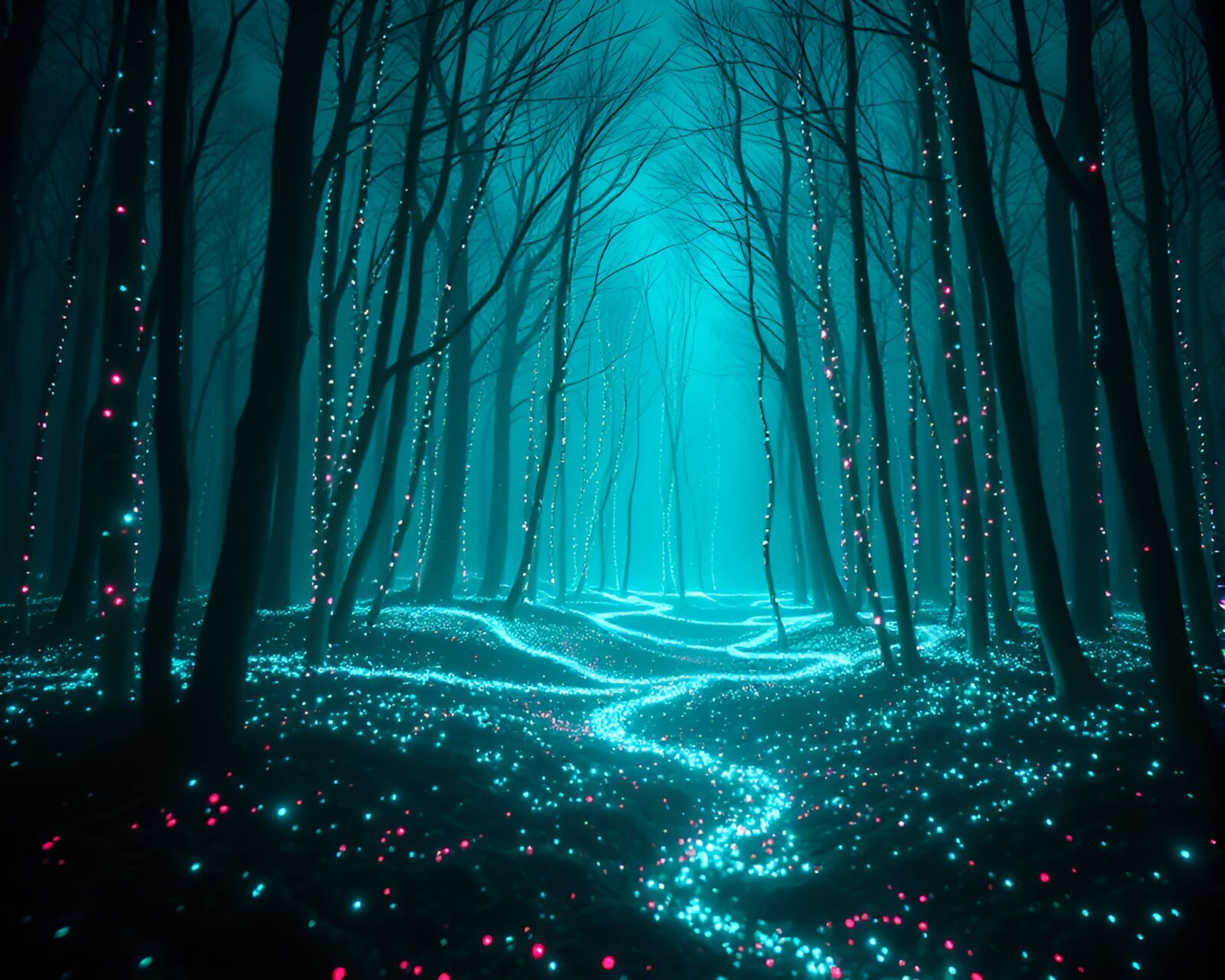 A mesmerizing, teal-lit forest with glitchy, bioluminescent elements.