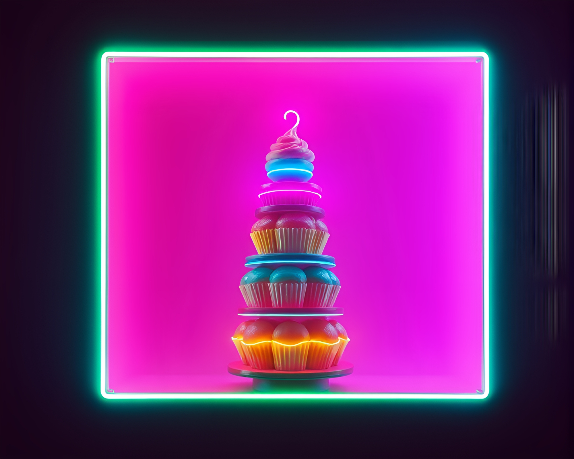Neon Cupcake Tower Framed in Underpainting Composition – free AI stock image