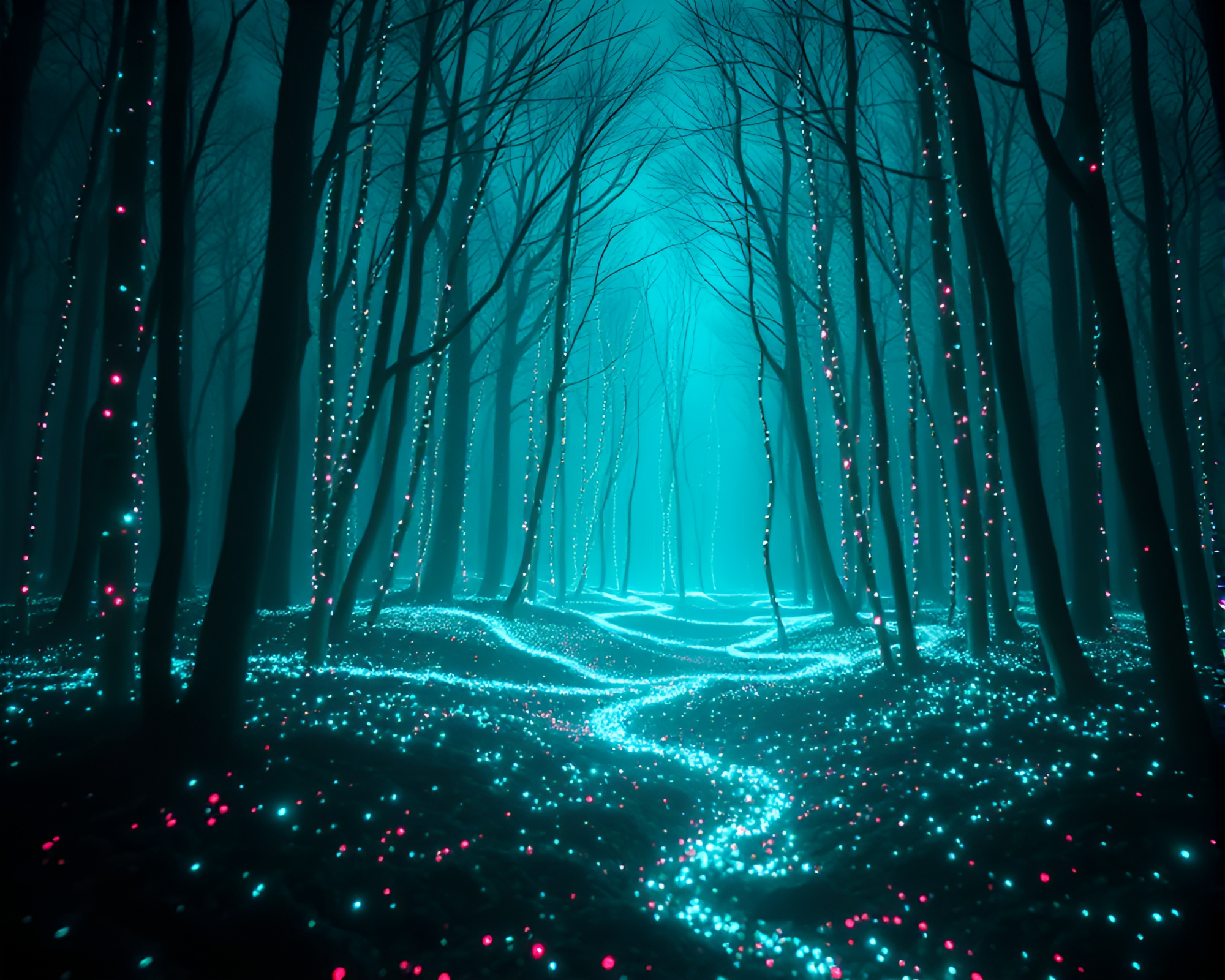Bioluminescent Glitch: Teal Serenity in Virtual Forest – free AI stock image