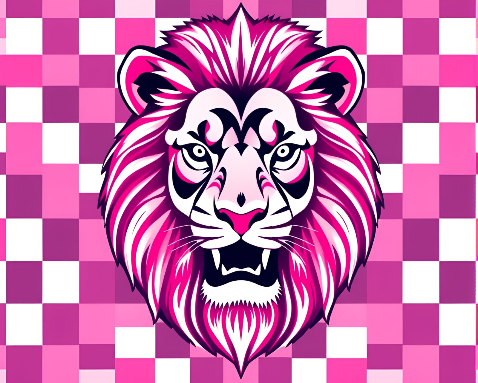 Majestic lion in bold magenta checkered backdrop