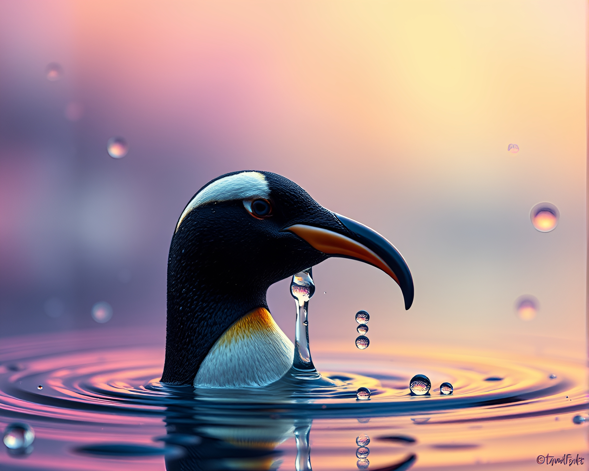Surreal Op Art Penguin in Water Droplets Composition – free AI stock image