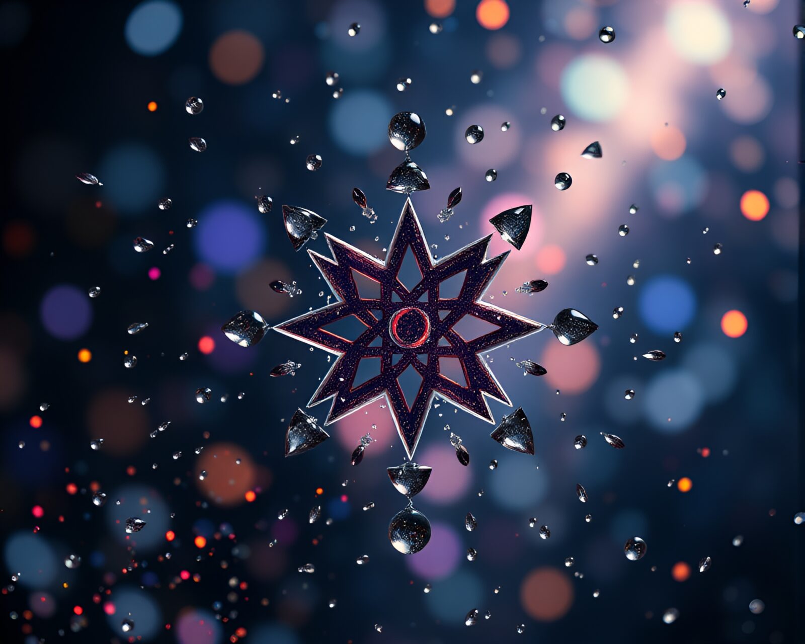 Vibrant confetti-colored water droplets adorned with mystical symbols