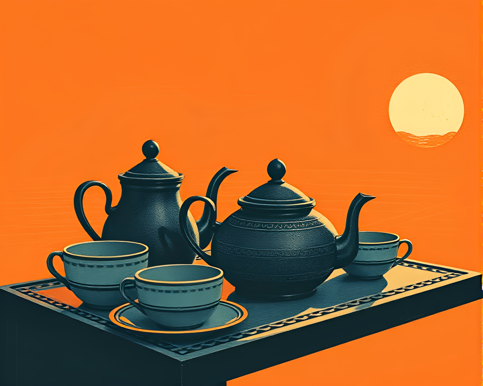 Sunset Linocut Tea Set VHS Oasis – free AI stock image