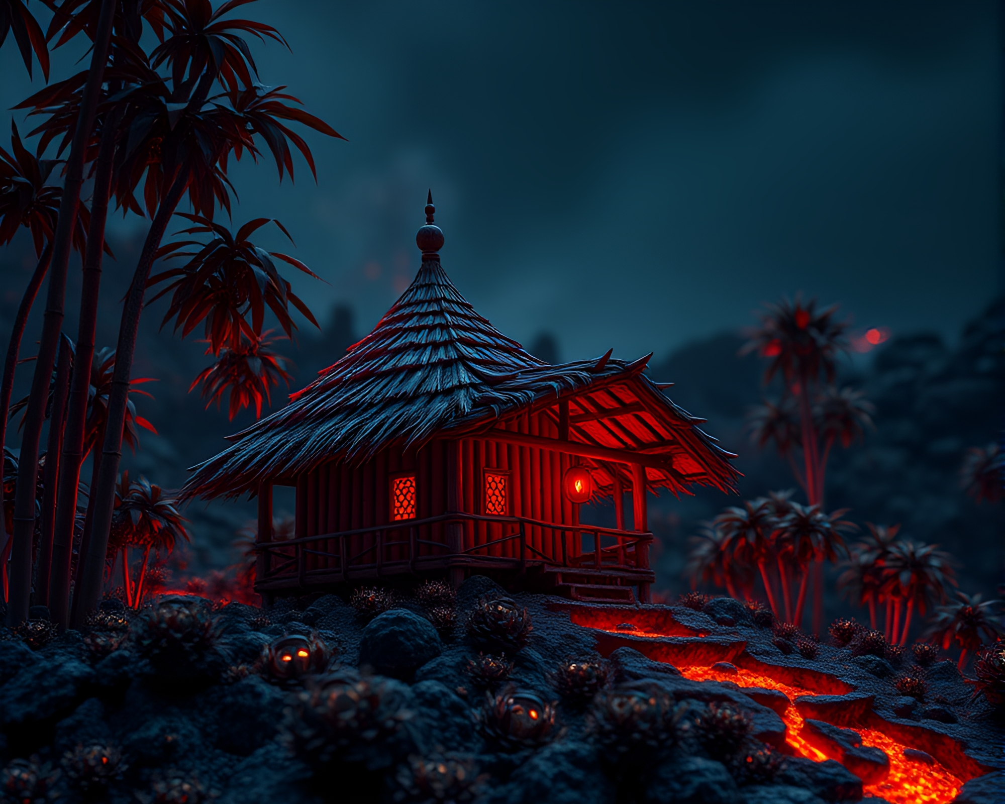 Volcano-Glow Bamboo Hut Macro Detail – free AI stock image
