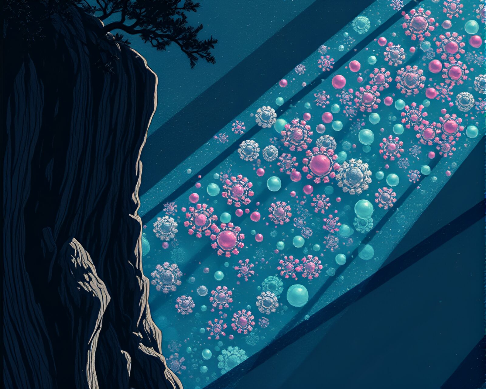 Fantastical scene of basilisk on cliffside surrounded by bubble clusters
