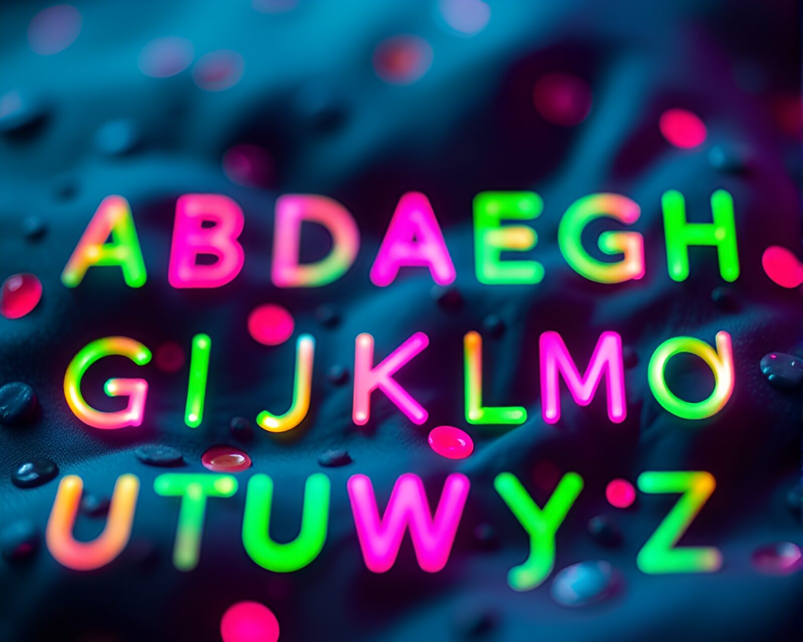 Vibrant neon colors illuminate ancient runes on moldy backdrop