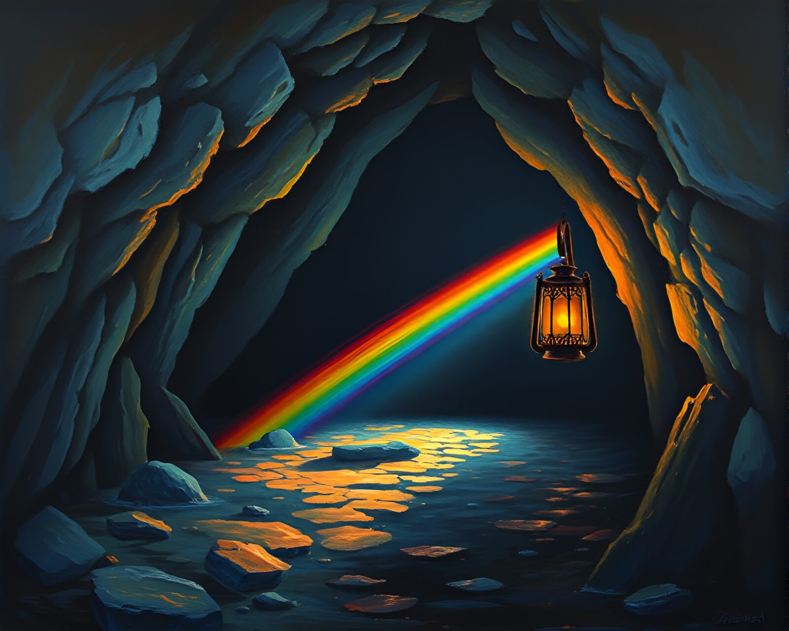 Oil painting of lantern casting rainbow light in dark cave