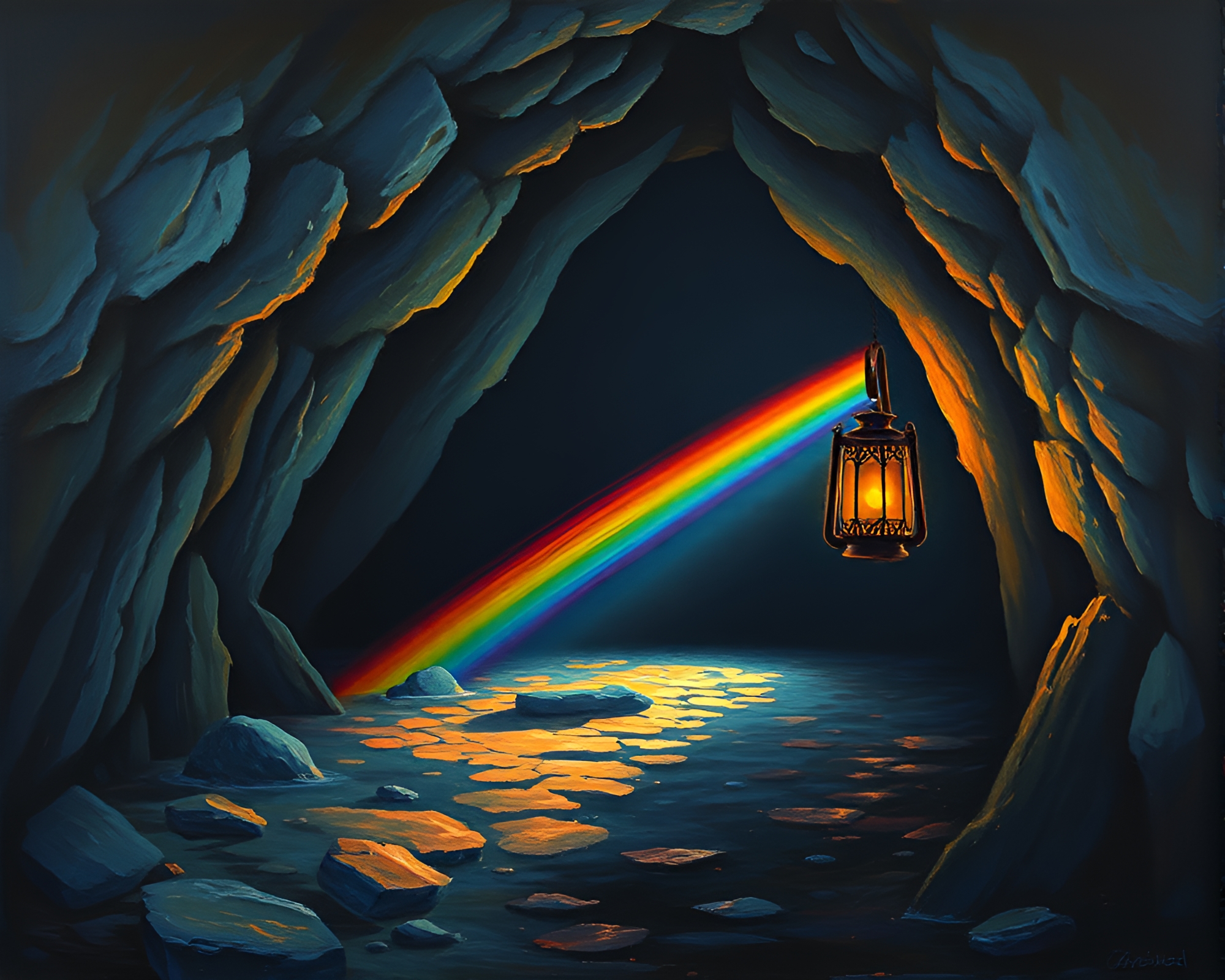 Luminous Lantern: Rainbow Refraction in Cave Entrance – free AI stock image
