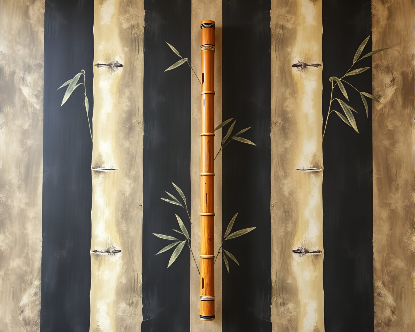 Dynamic mural with bamboo flute player under dramatic lighting