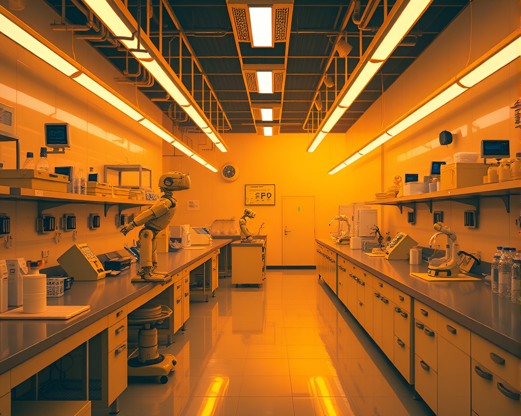 Retrowave Robotics Laboratory with Mustard Yellow Lighting – free AI stock image