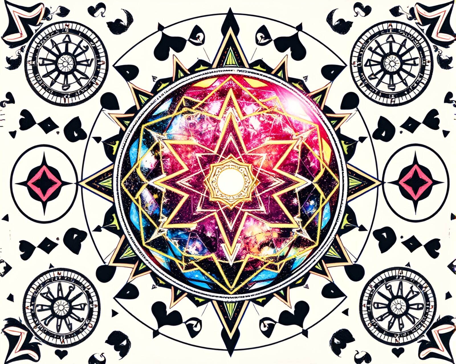 Colorful geometric patterns with alchemical symbols in disco lighting