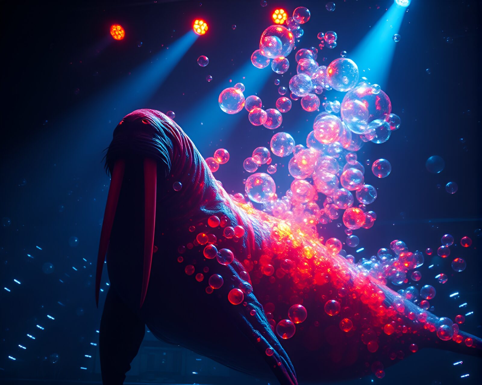 X-ray style image of a walrus surrounded by glowing bubbles on stage