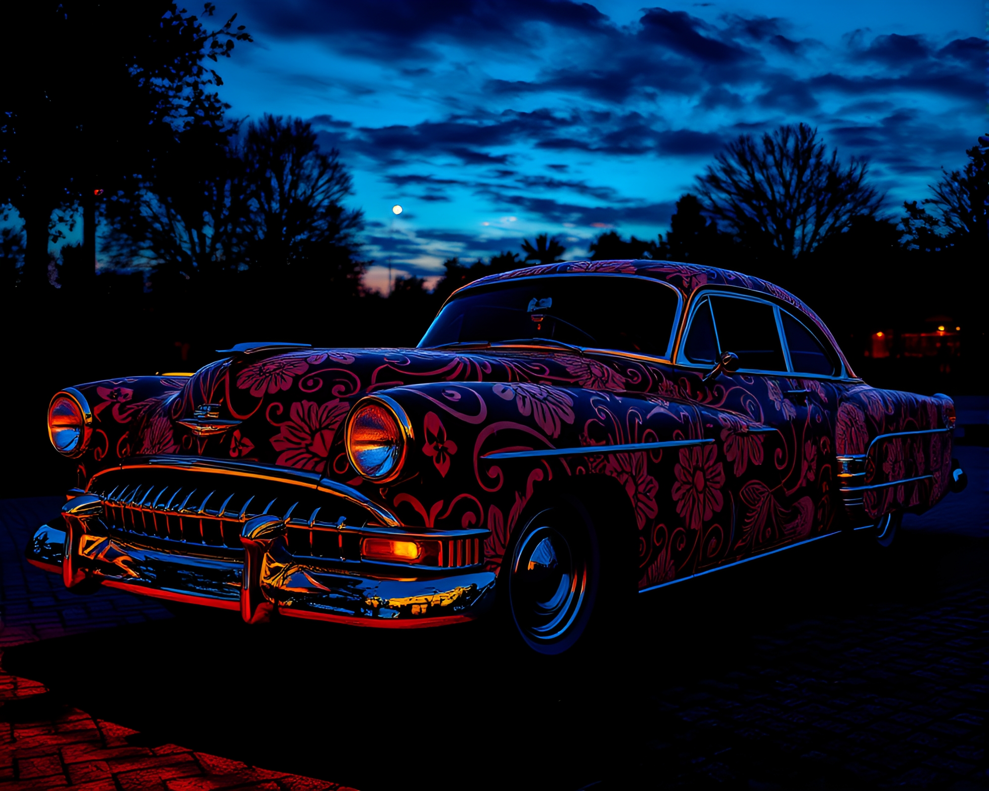 Vintage Car Twilight Spectacle with Intricate Patterns – free AI stock image