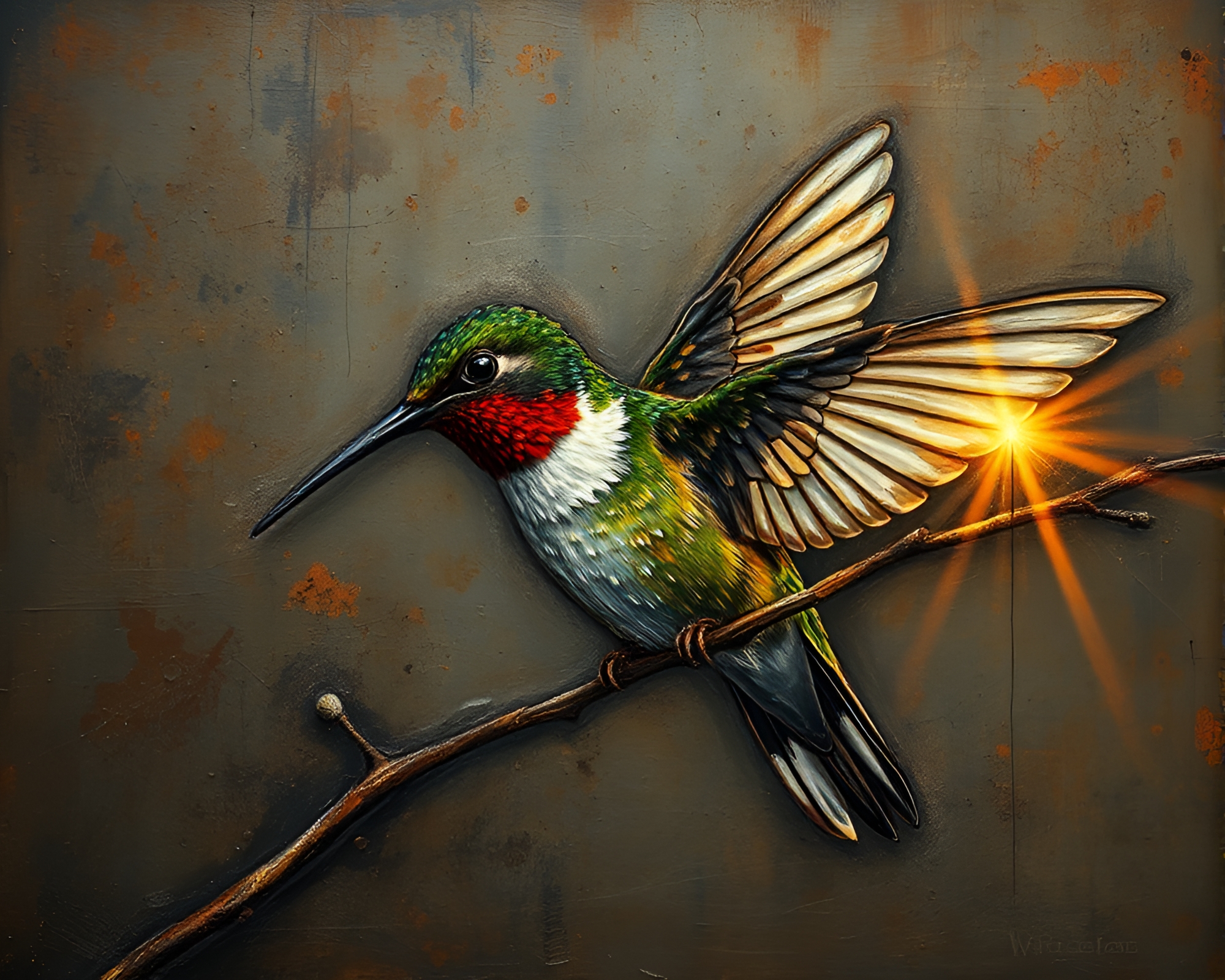 Grisaille Hummingbird in Rust Patina Club Strobe Lights – free AI stock image