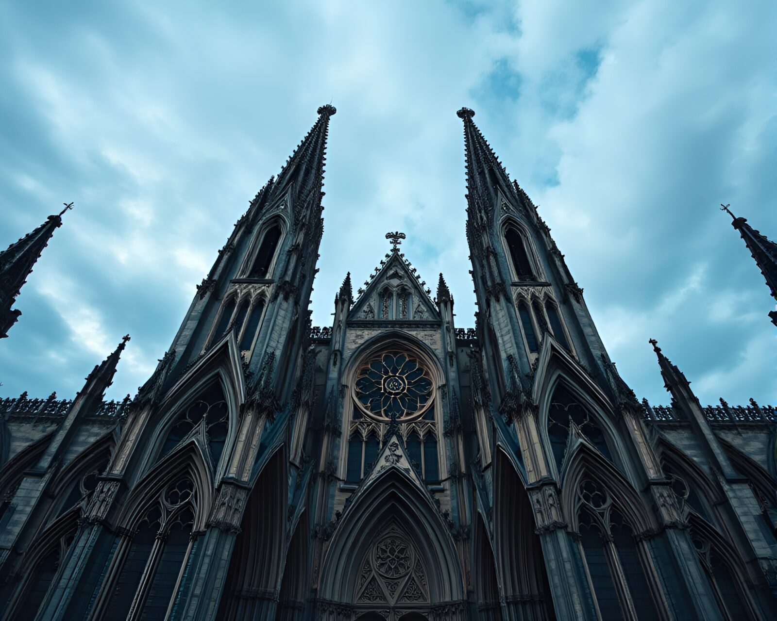 Worm's eye view of a detailed Gothic cathedral