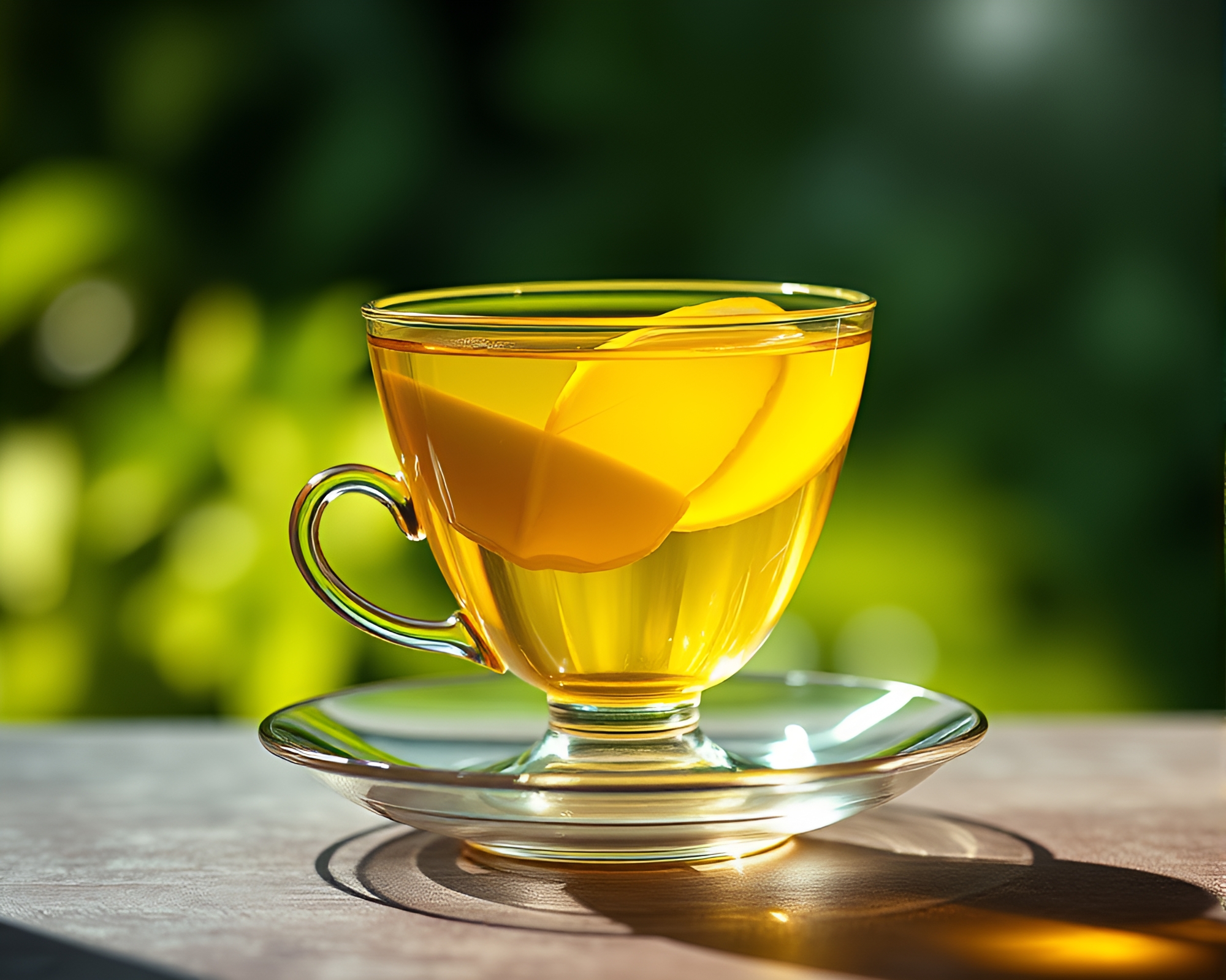 Dynamic Floating Tea Cup in Lemon Stained Glass Light – free AI stock image