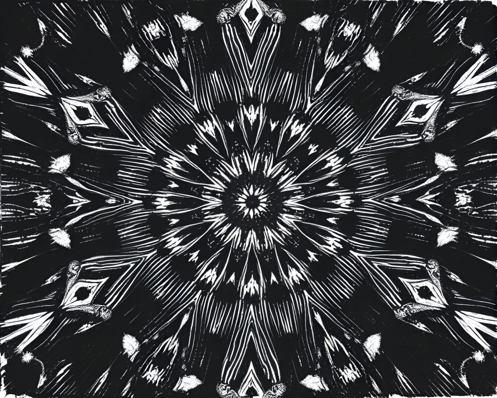 Kaleidoscope Effect illuminating intricate charcoal sketch in stencil style
