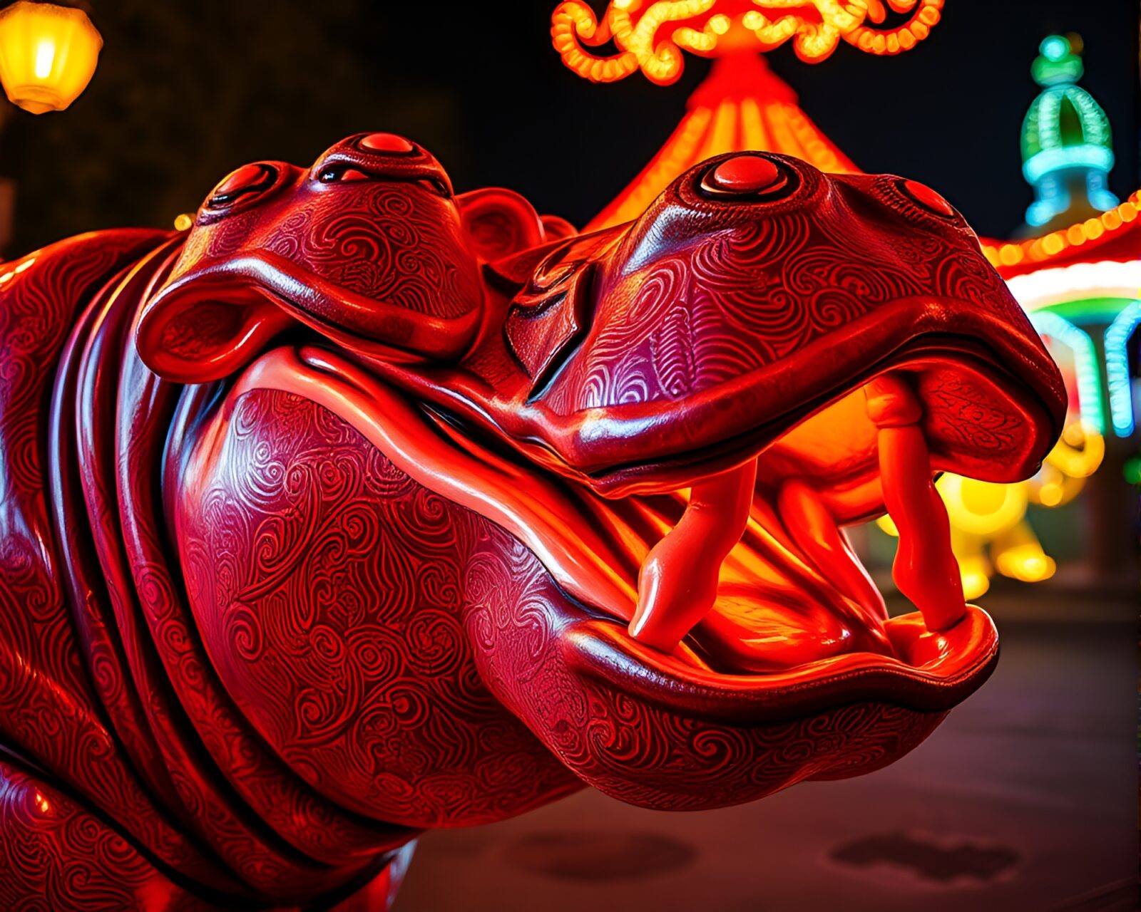 Engraved details of photorealistic hippopotamus sculptures at night carnival