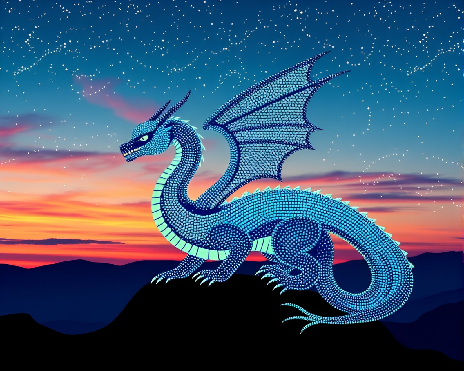 Colorful pop art celestial dragon in twilight blue hour