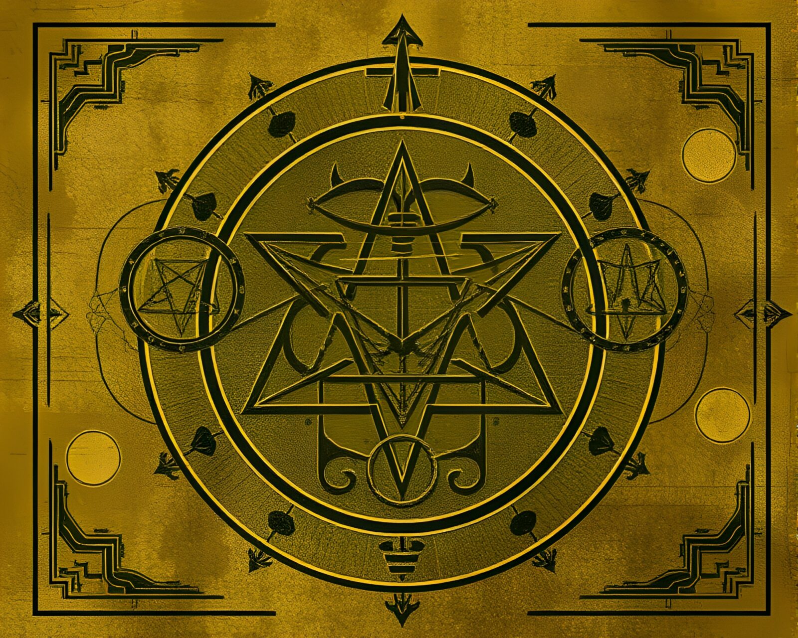 Abstract utopian composition with alchemical symbols in olive drab