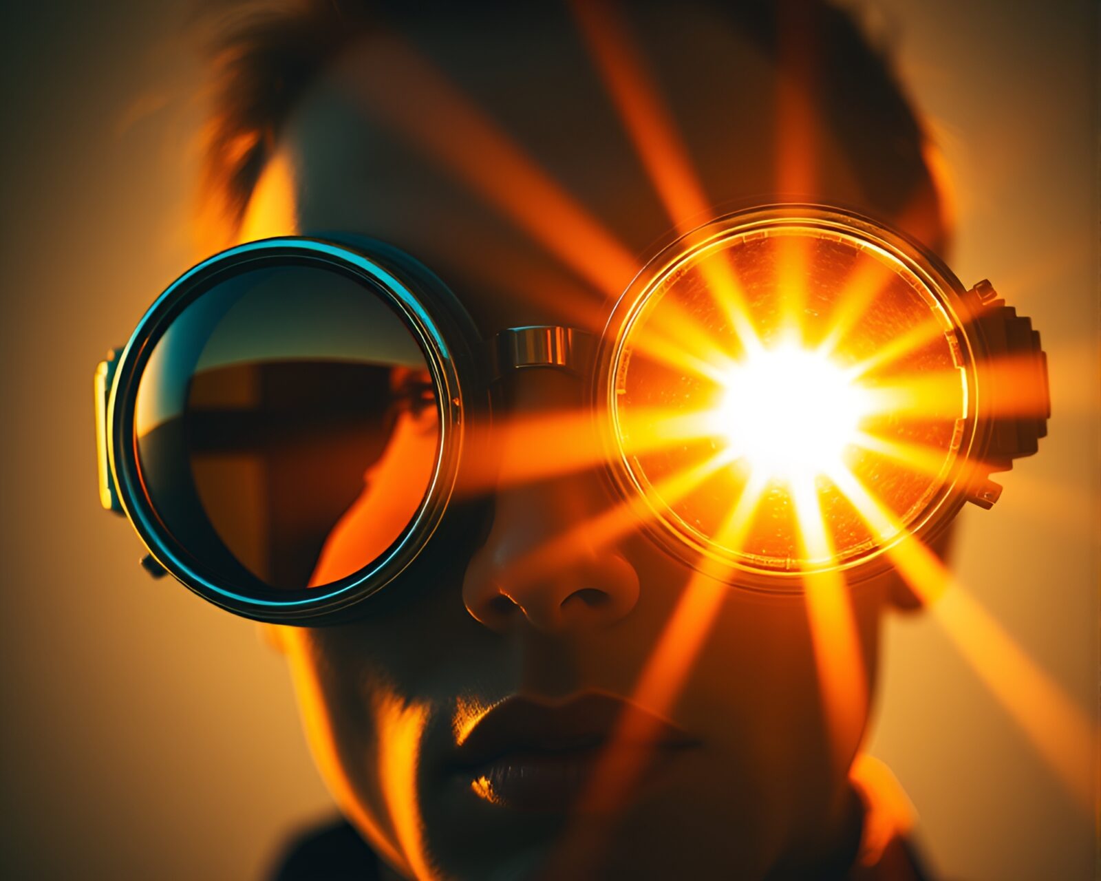 Steampunk goggles reflecting dual images with solar flare lighting.