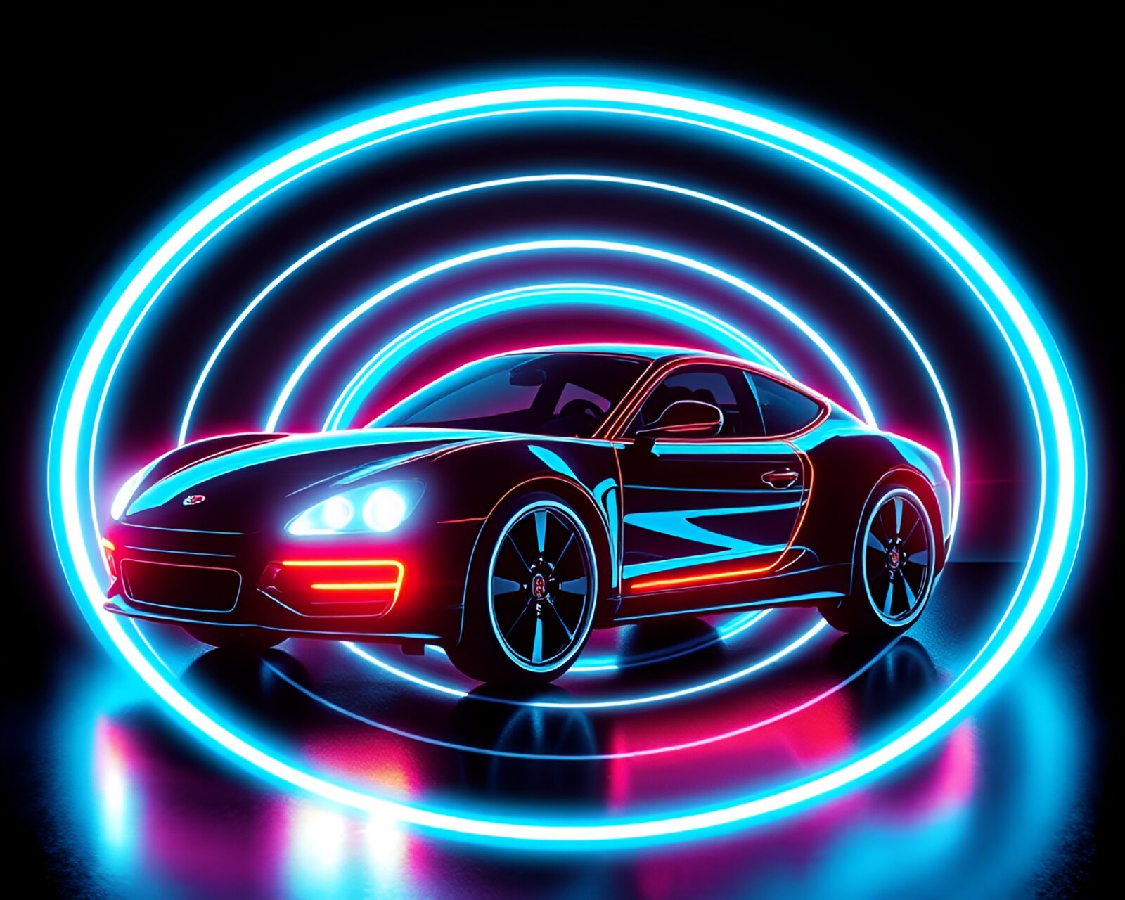 Glowing hover car surrounded by concentric circles and halftone pattern