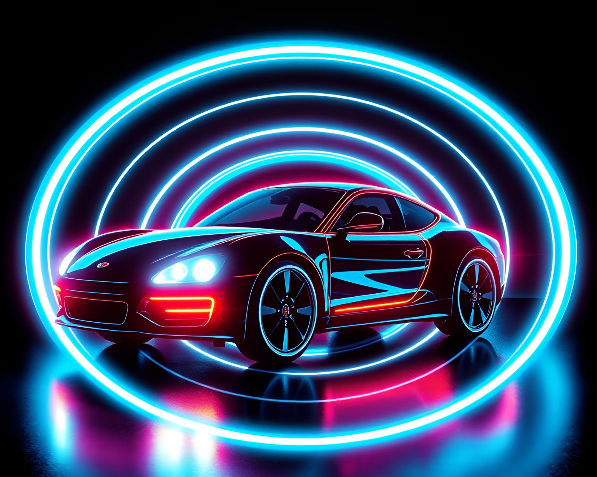 Futuristic Hover Car in Neon Concentric Circle Light – free AI stock image