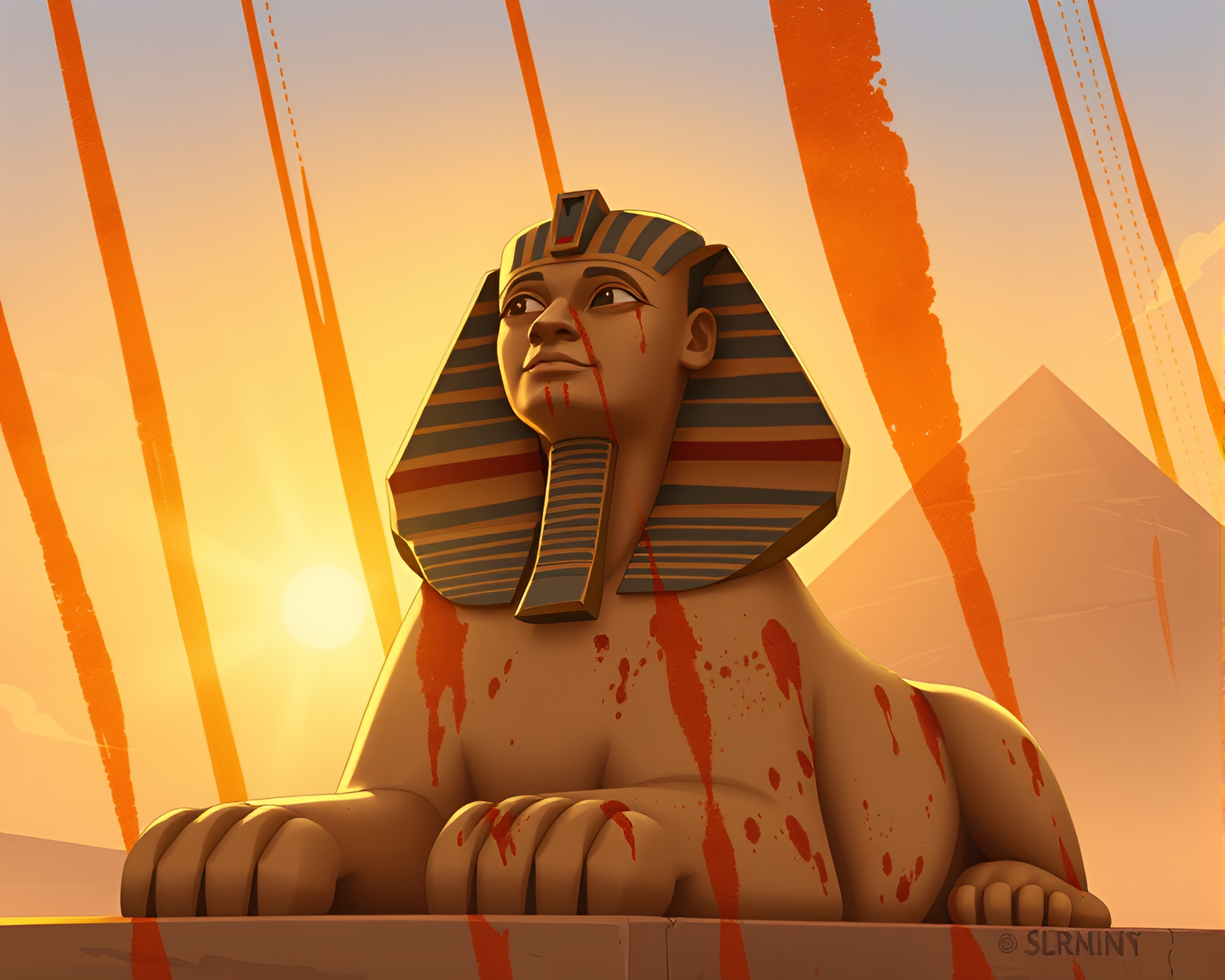 Morning Light Sphinx Statue with Rust Stain Streaks – free AI stock image