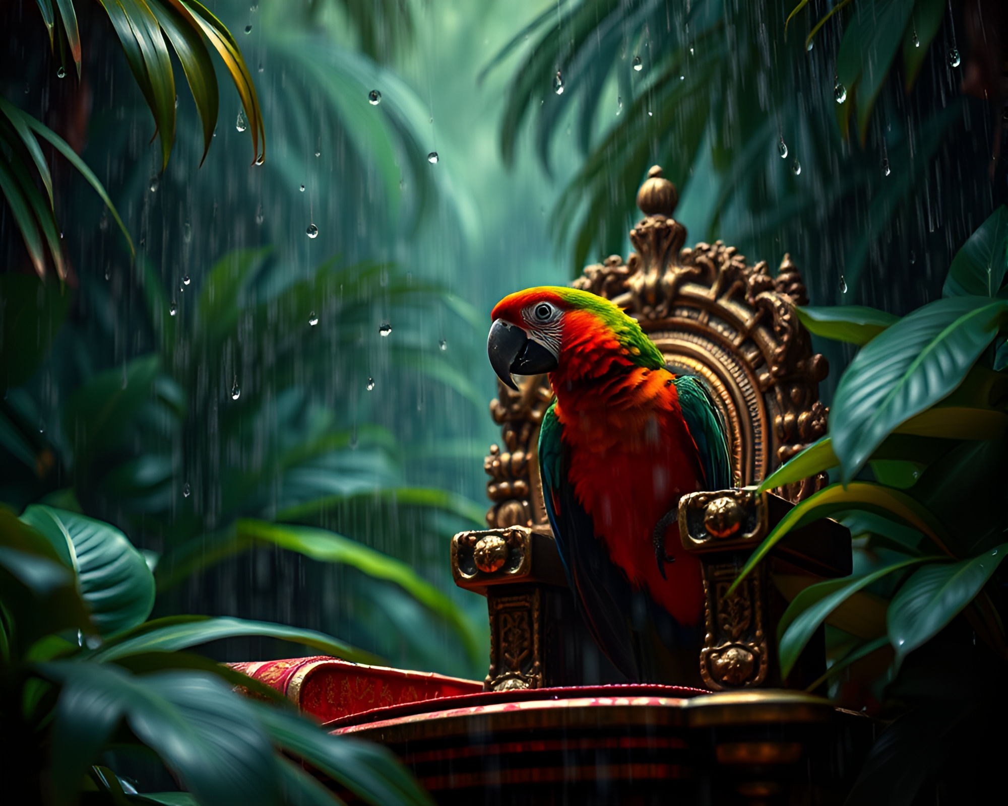 Tropical Parrot in Raindrop Encrusted Throne Room – free AI stock image