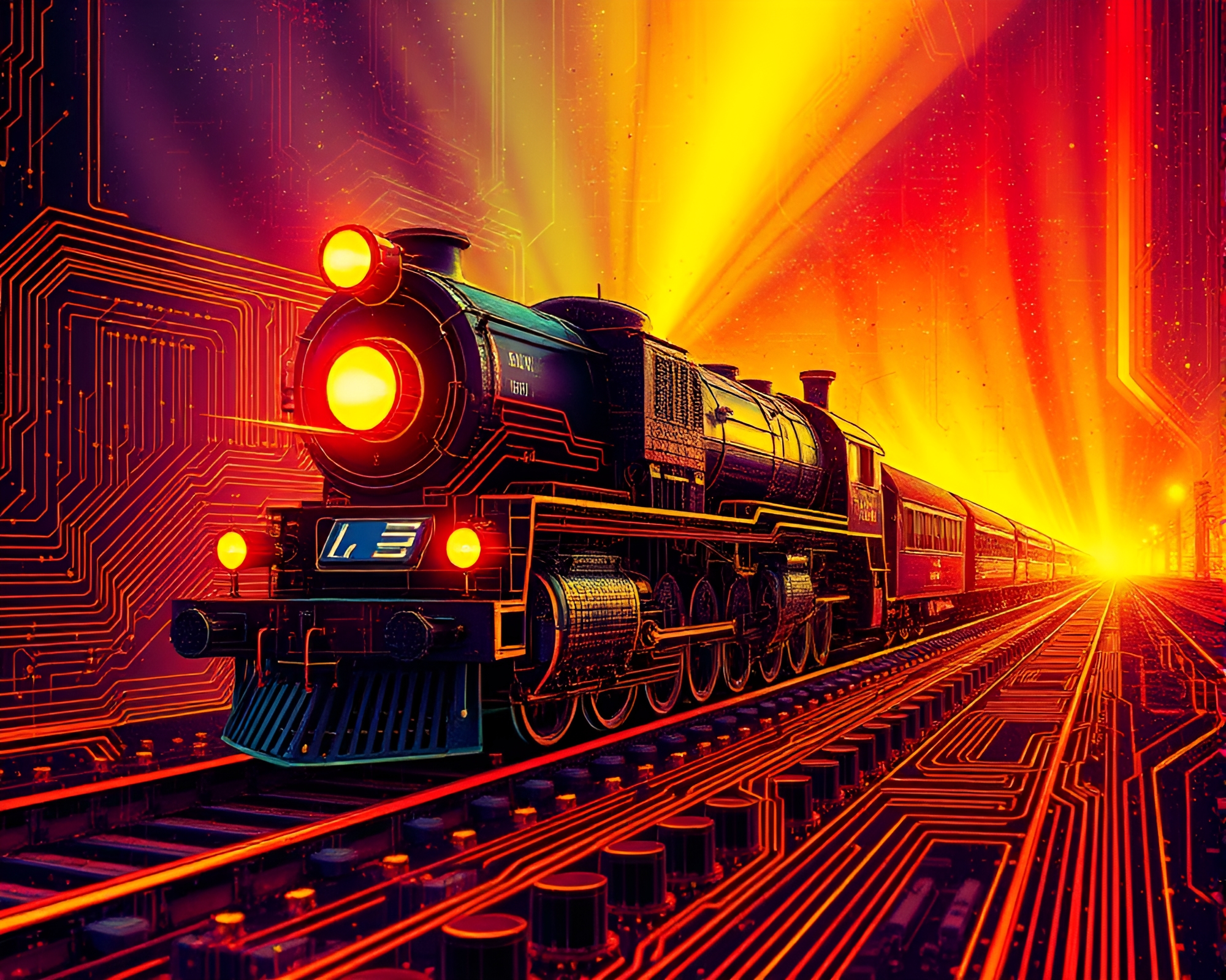 Glitch Art Steam Locomotive on Circuit Board with Aurora Hues – free AI stock image