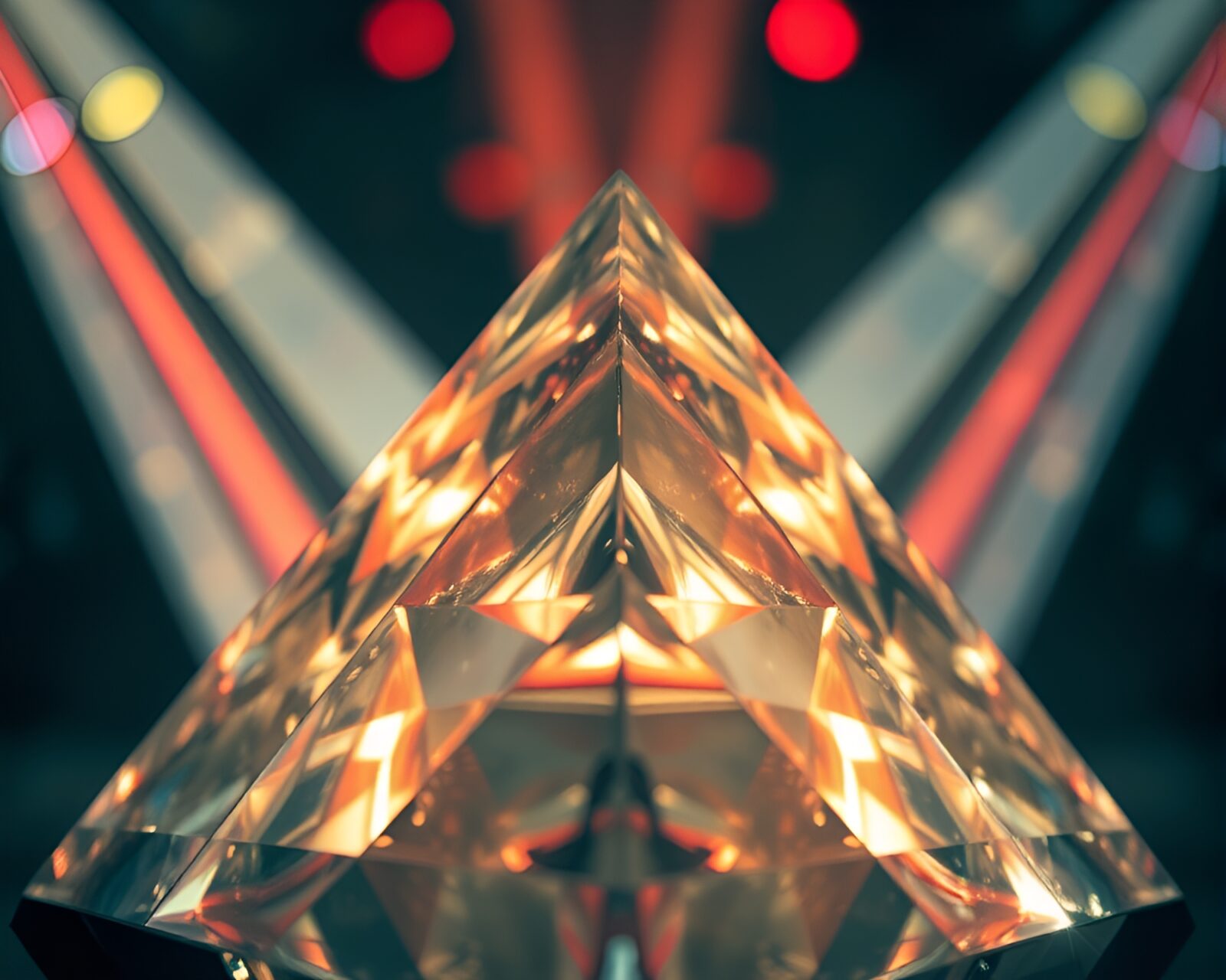 Colorful lights illuminate a glass pyramid in duotone style