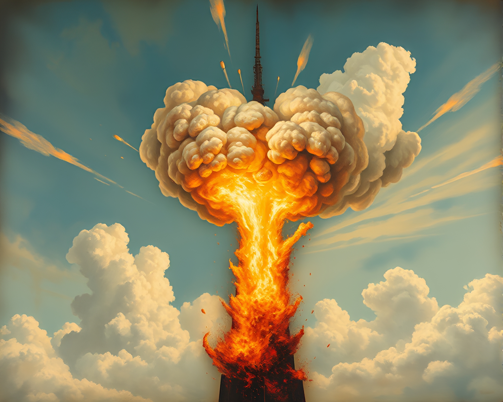 Tower Explosion: Retro Scanlines Encaustic Painting – free AI stock image