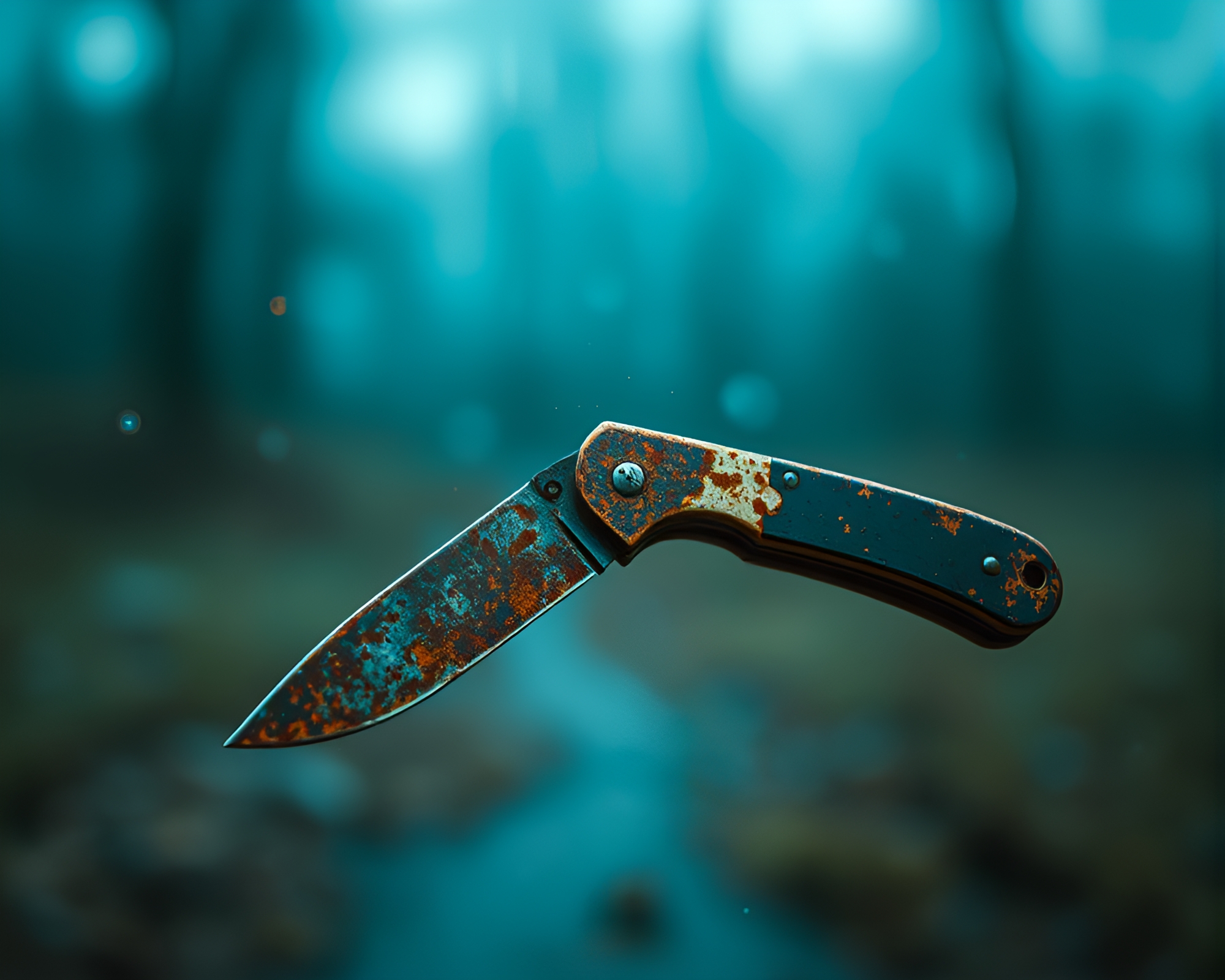 Glitchy Rusty Pocketknife in Misty Hyper-Realistic Scene – free AI stock image