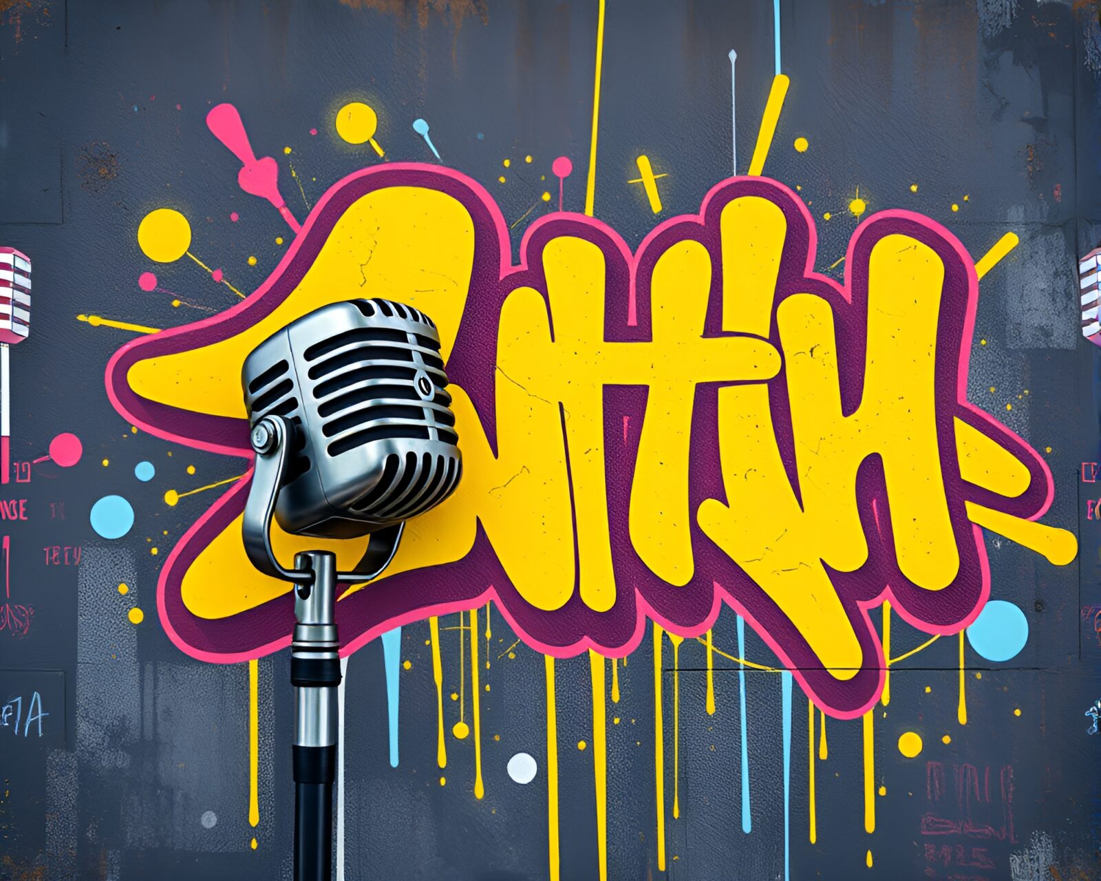 Colorful mural graffiti depicting a microphone in a fluid simulation style