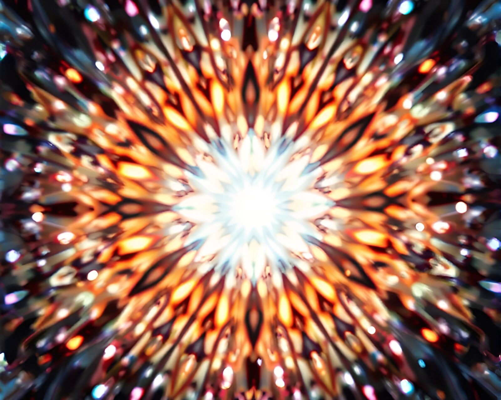 Radial symmetry meets digital glitch in stained glass snowscape.