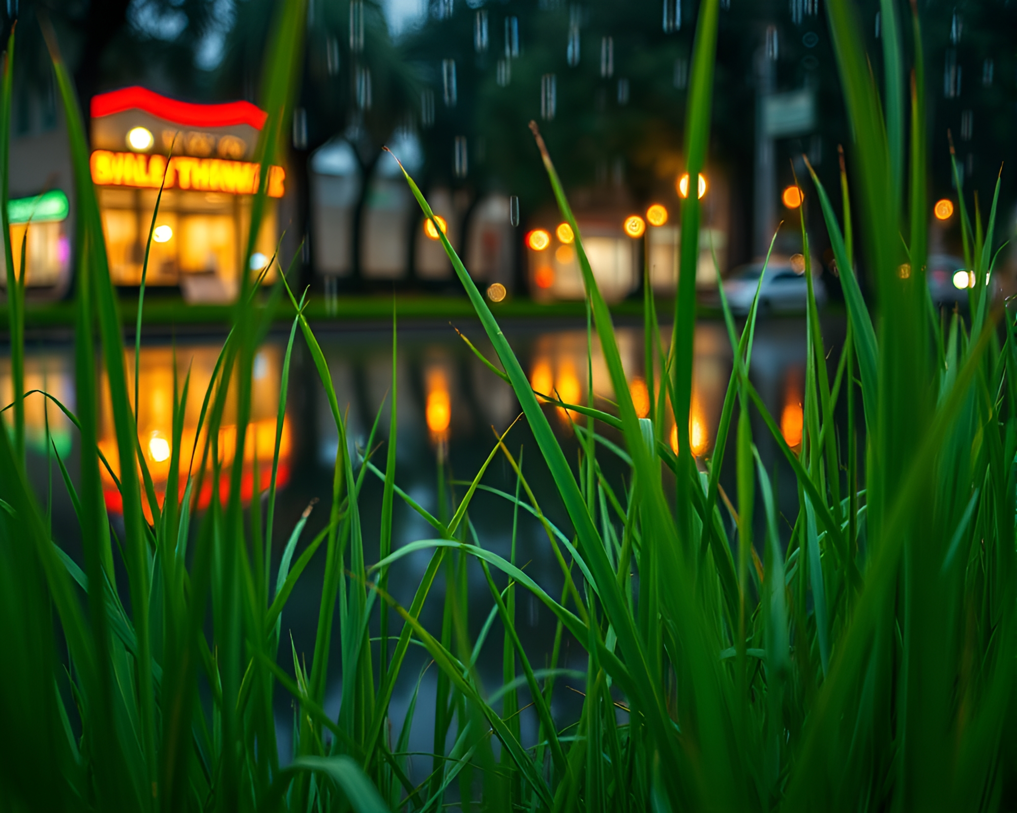 Maximalist Rainy Reflections in Savannah Grass – free AI stock image