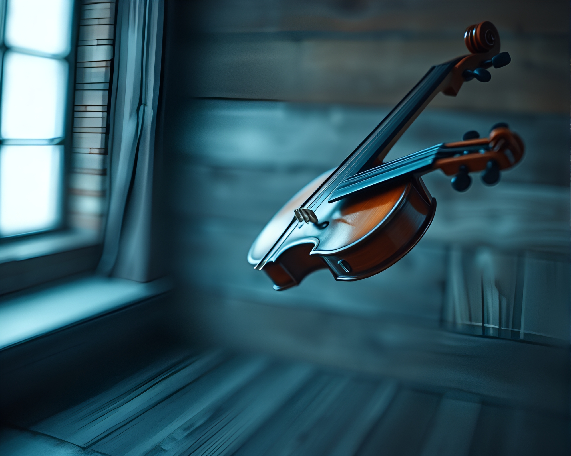 Futuristic Violin Performance in Ice Blue Dystopia – free AI stock image