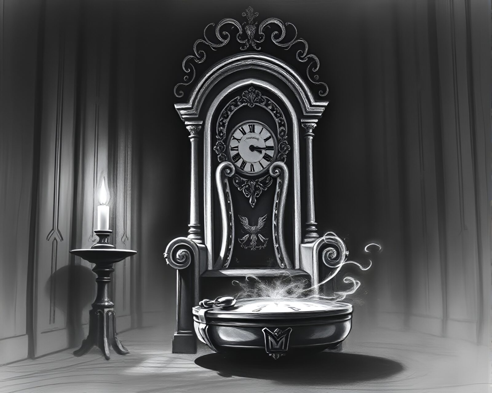 Charcoal sketch of detailed pocket watch in regal setting.