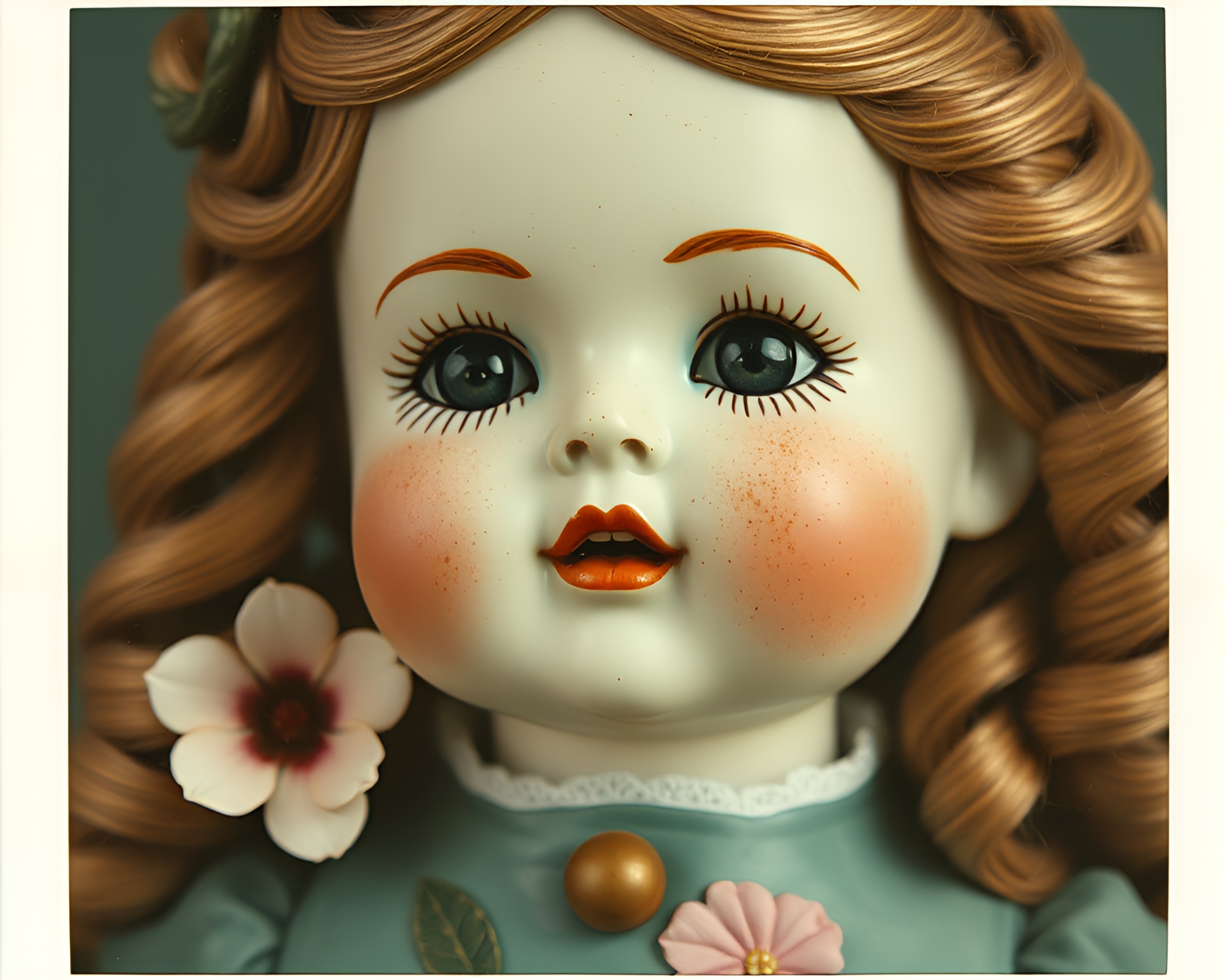 Botanical Porcelain Doll in Vintage Copper Setting – free AI stock image